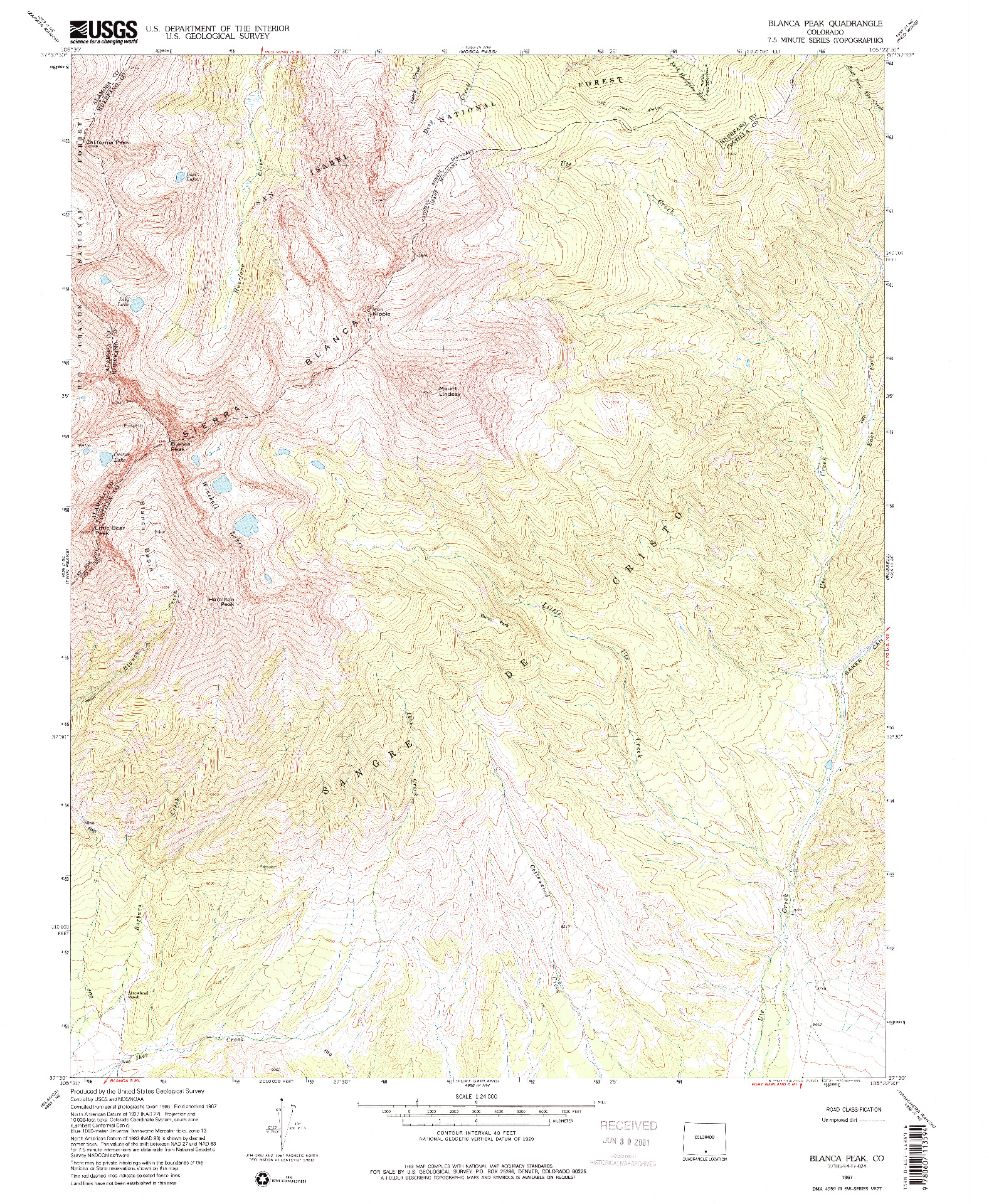 USGS 1:24000-SCALE QUADRANGLE FOR BLANCA PEAK, CO 1967