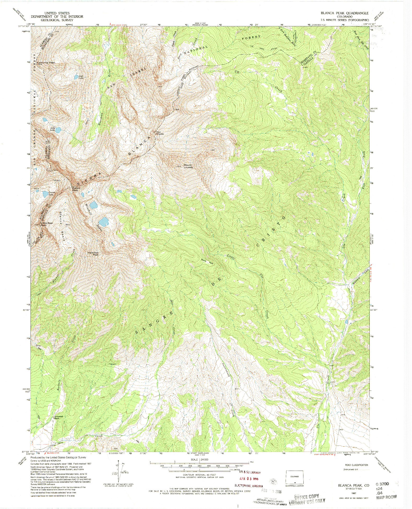 USGS 1:24000-SCALE QUADRANGLE FOR BLANCA PEAK, CO 1967