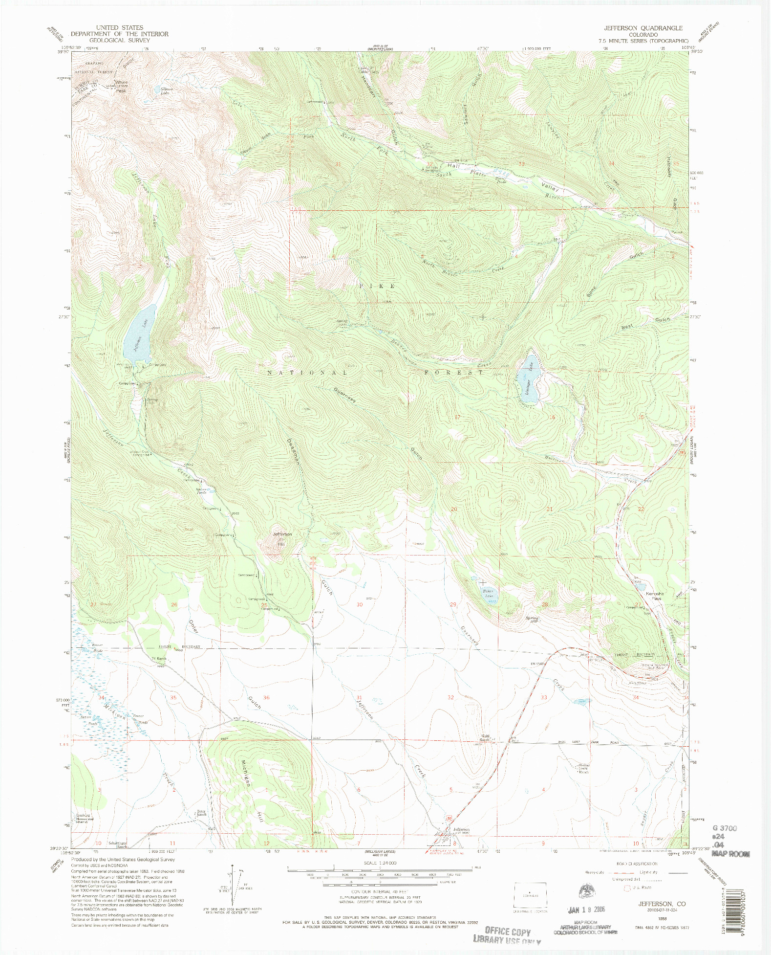 USGS 1:24000-SCALE QUADRANGLE FOR JEFFERSON, CO 1958