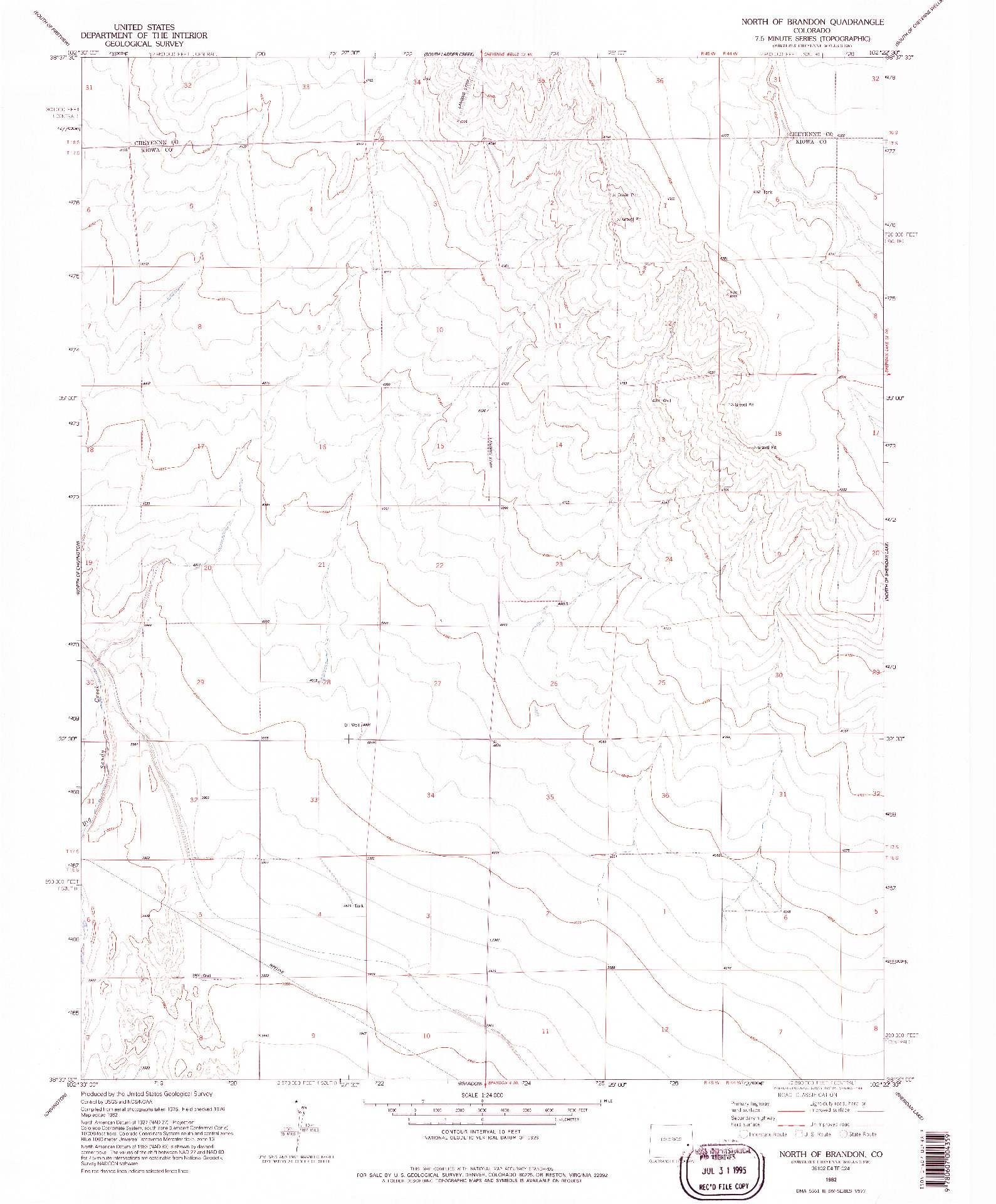 USGS 1:24000-SCALE QUADRANGLE FOR NORTH OF BRANDON, CO 1982