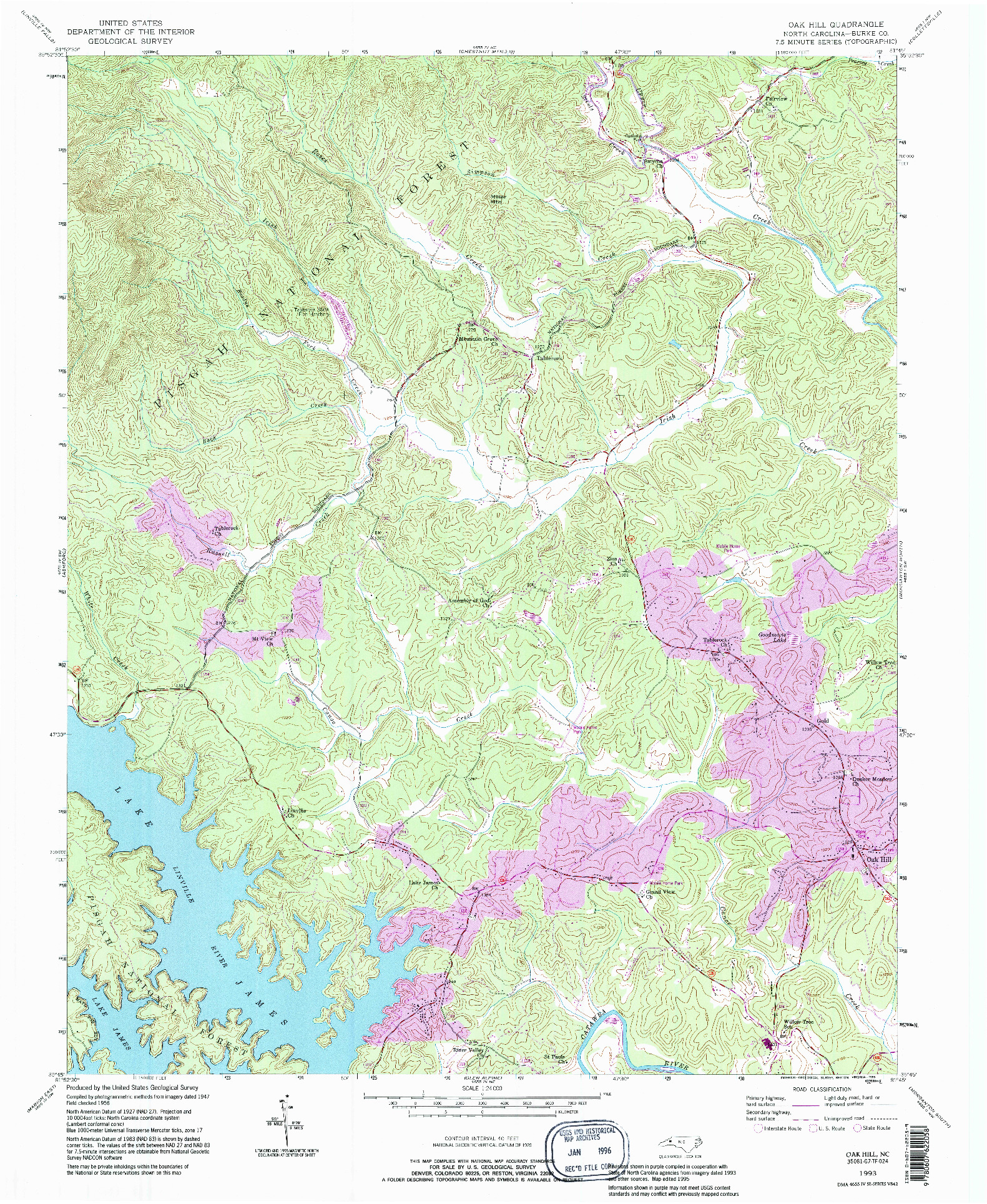 USGS 1:24000-SCALE QUADRANGLE FOR OAK HILL, NC 1993