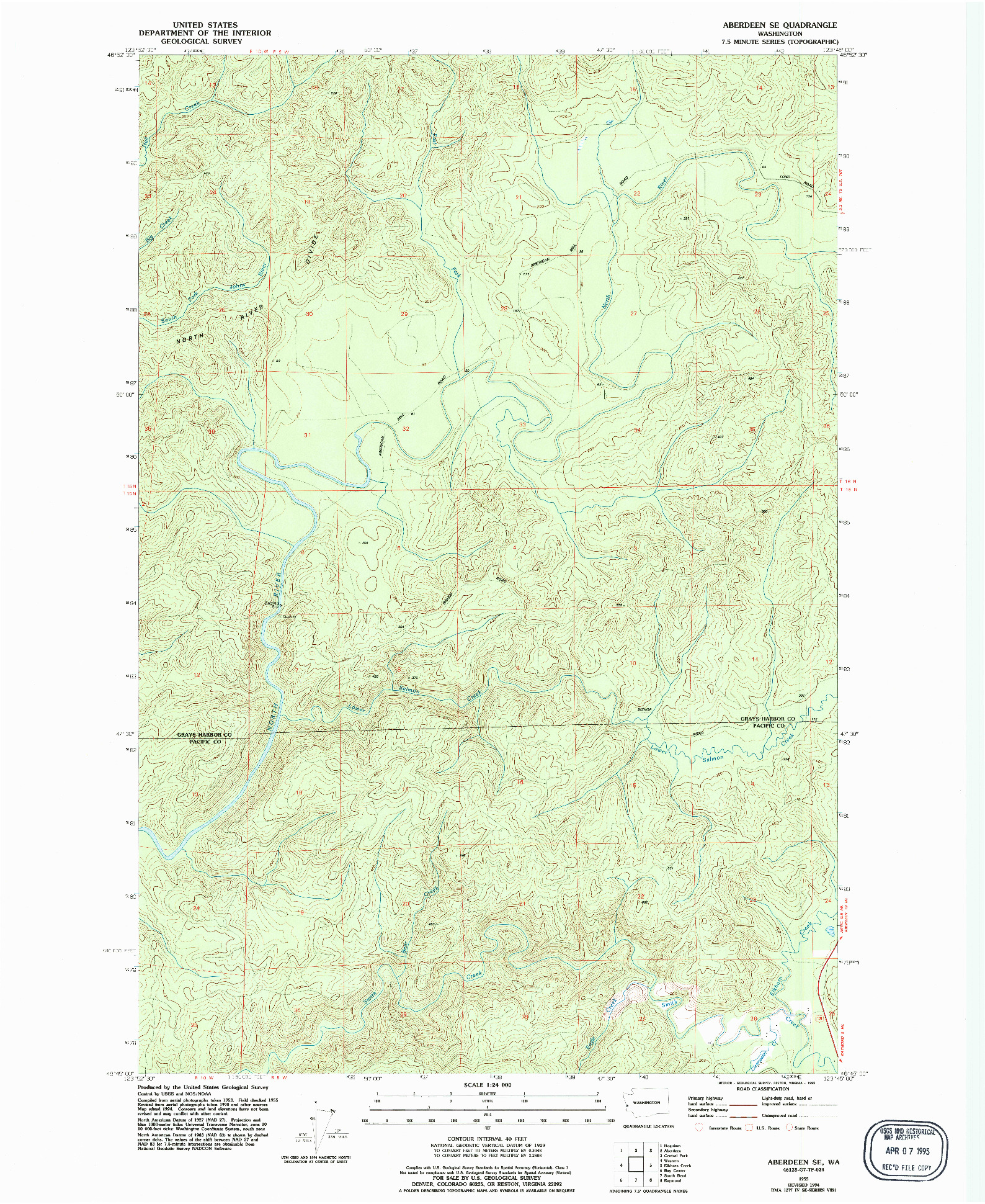 USGS 1:24000-SCALE QUADRANGLE FOR ABERDEEN SE, WA 1955
