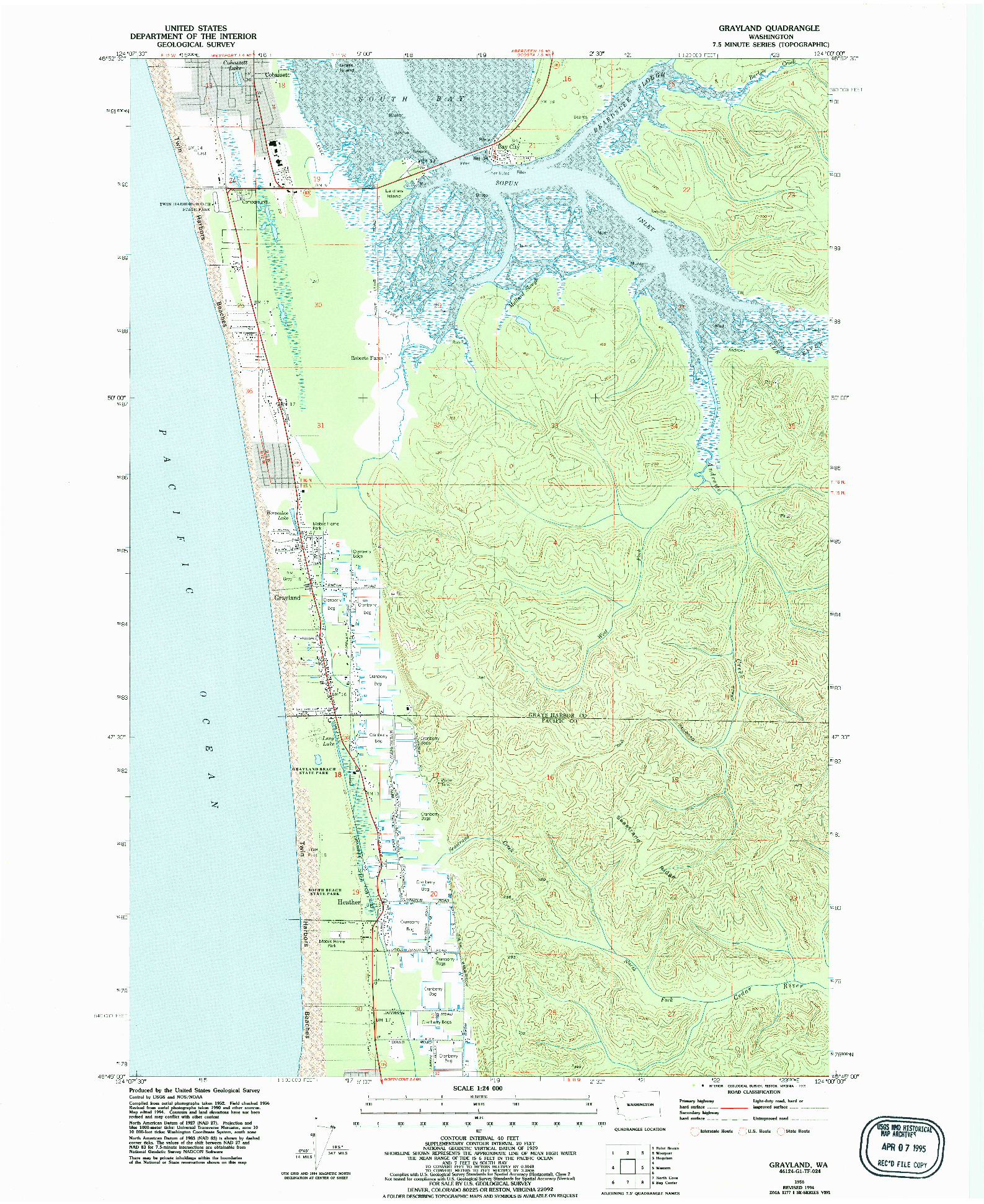 USGS 1:24000-SCALE QUADRANGLE FOR GRAYLAND, WA 1956