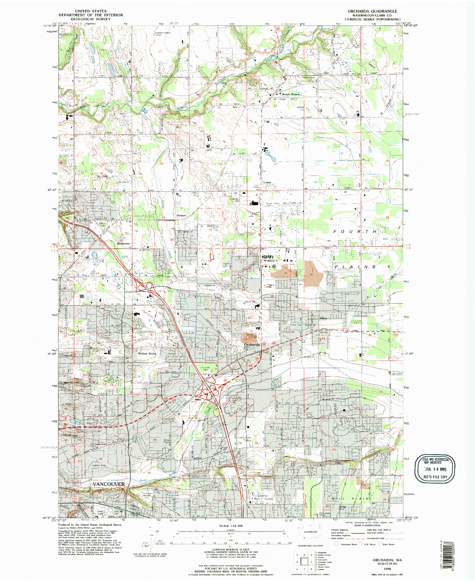 USGS 1:24000-SCALE QUADRANGLE FOR ORCHARDS, WA 1990