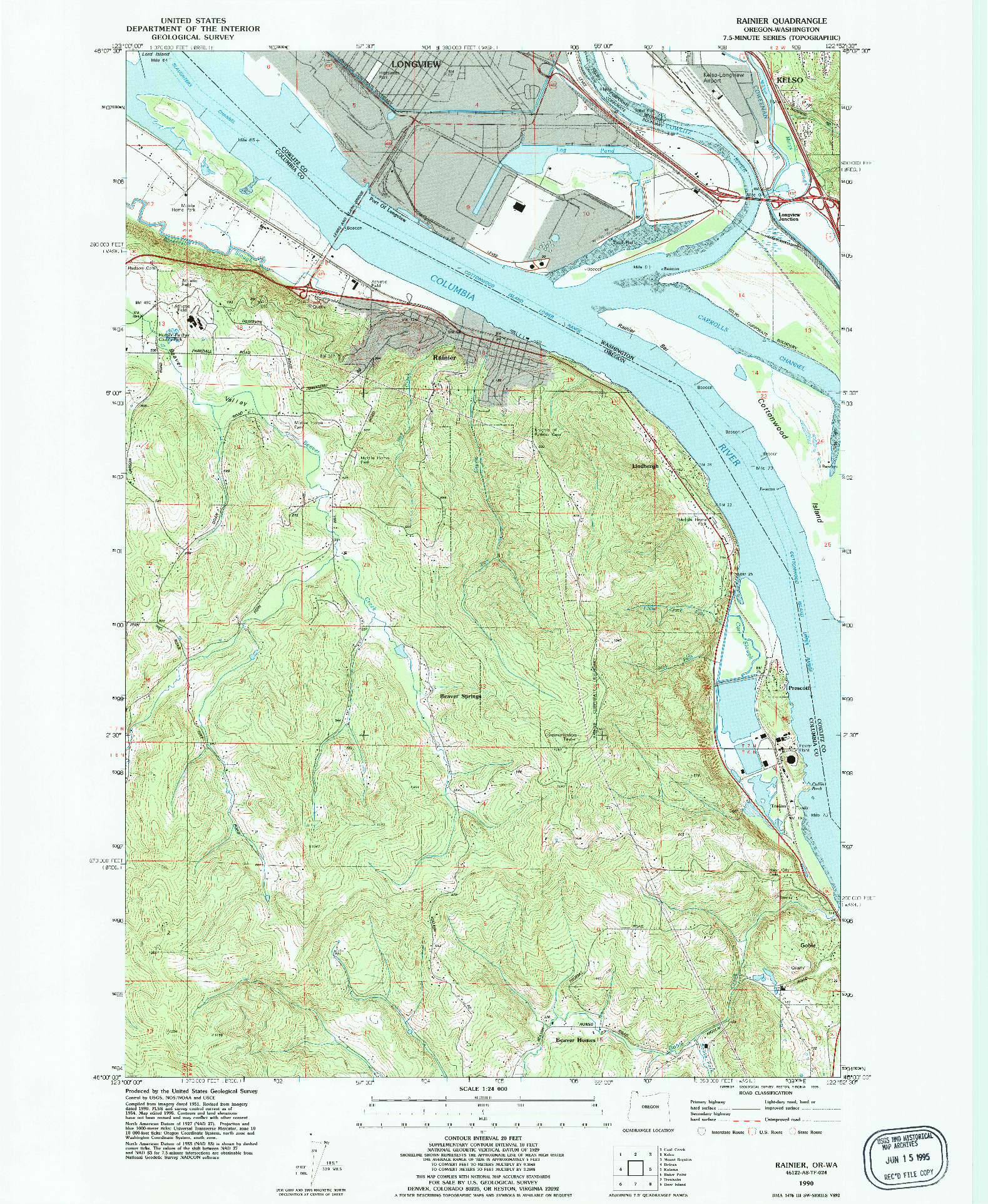 USGS 1:24000-SCALE QUADRANGLE FOR RAINIER, OR 1990