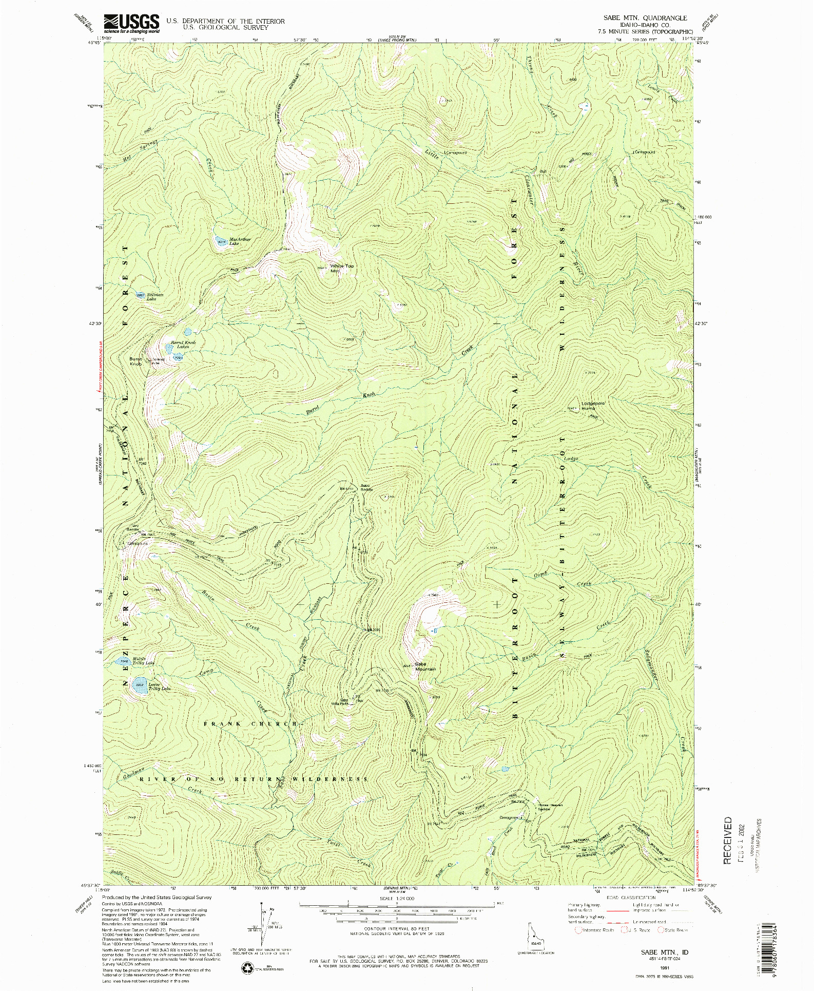 USGS 1:24000-SCALE QUADRANGLE FOR SABE MOUNTAIN, ID 1991