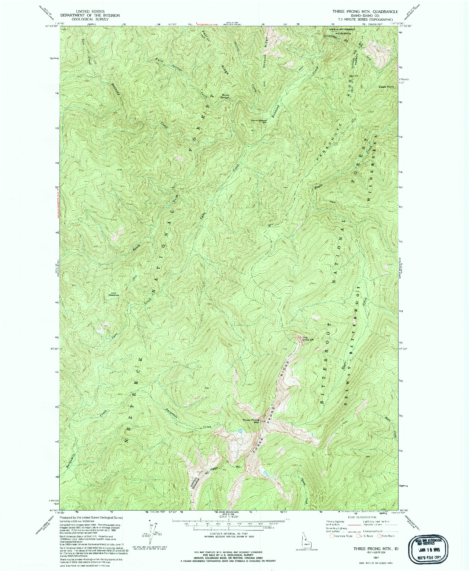 USGS 1:24000-SCALE QUADRANGLE FOR THREE PRONG MTN, ID 1991
