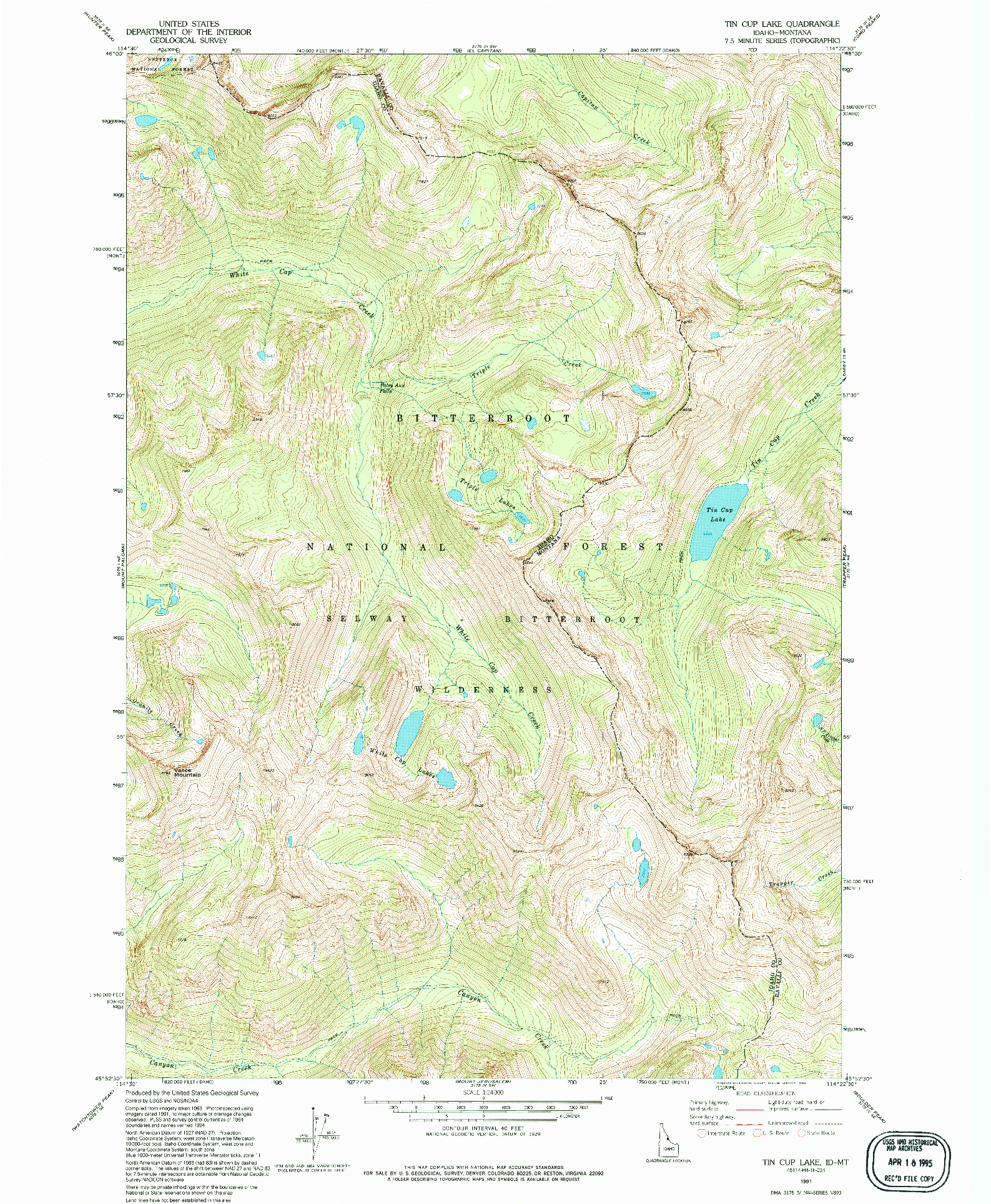 USGS 1:24000-SCALE QUADRANGLE FOR TIN CUP LAKE, ID 1991