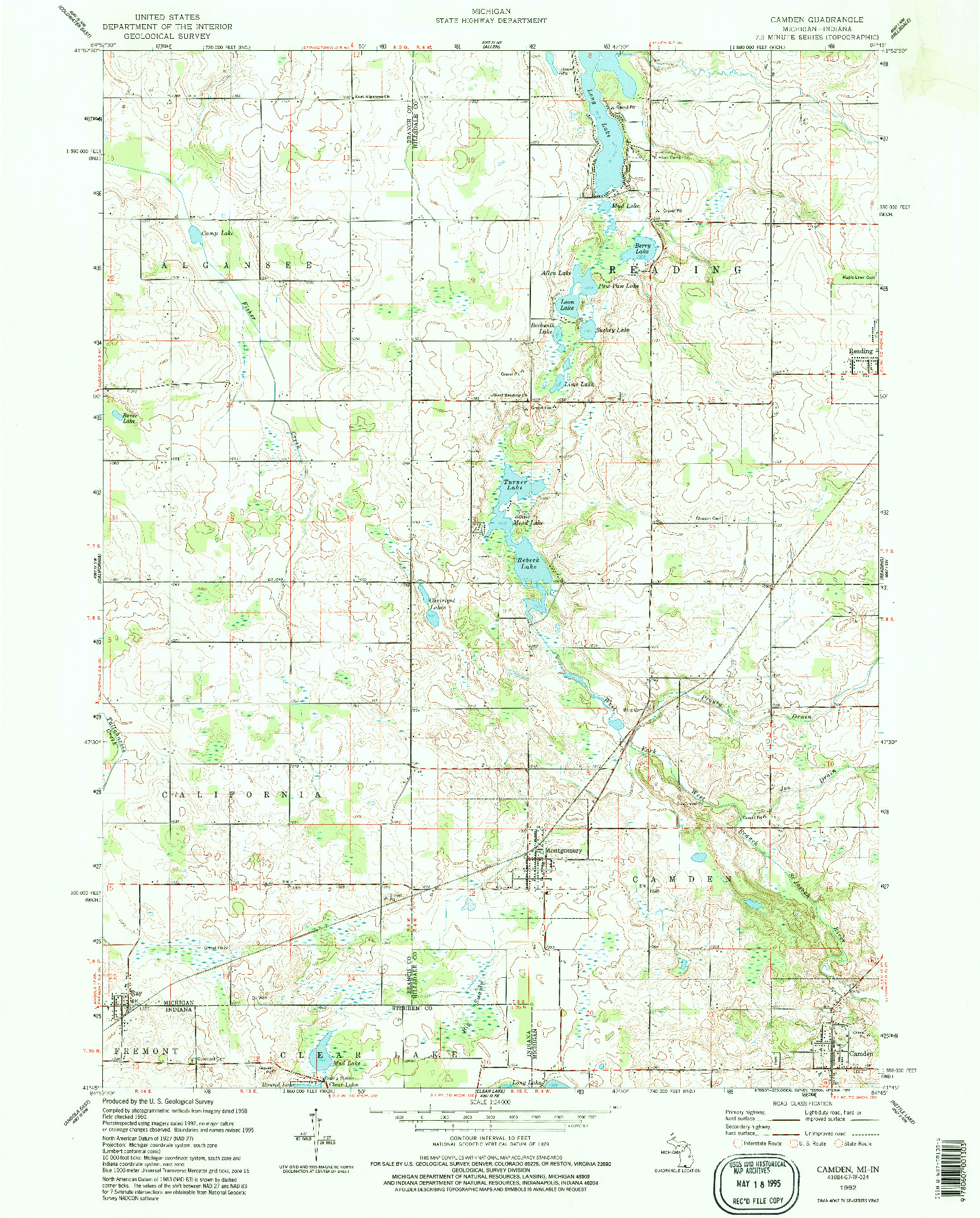 USGS 1:24000-SCALE QUADRANGLE FOR CAMDEN, MI 1992