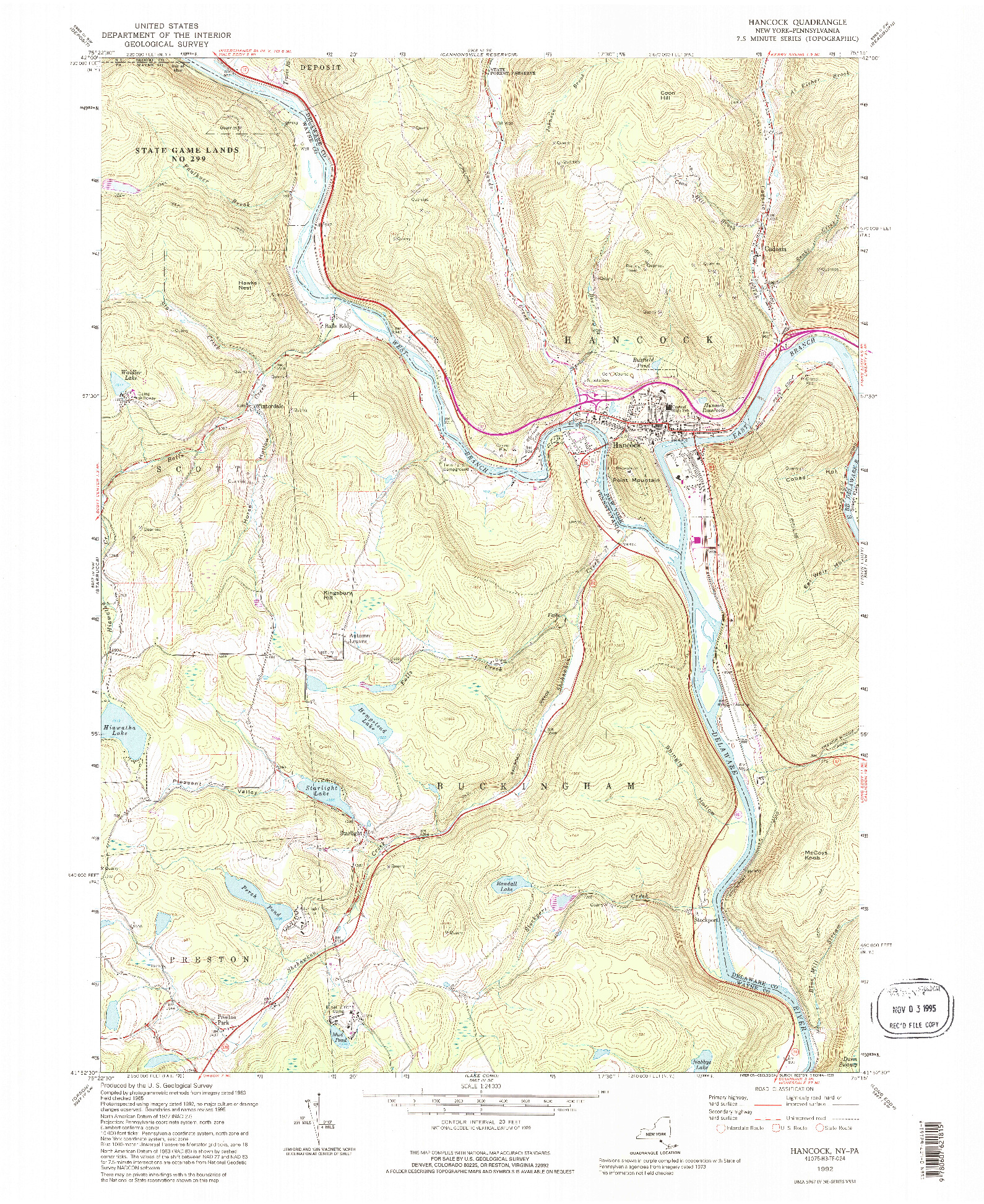 USGS 1:24000-SCALE QUADRANGLE FOR HANCOCK, NY 1992