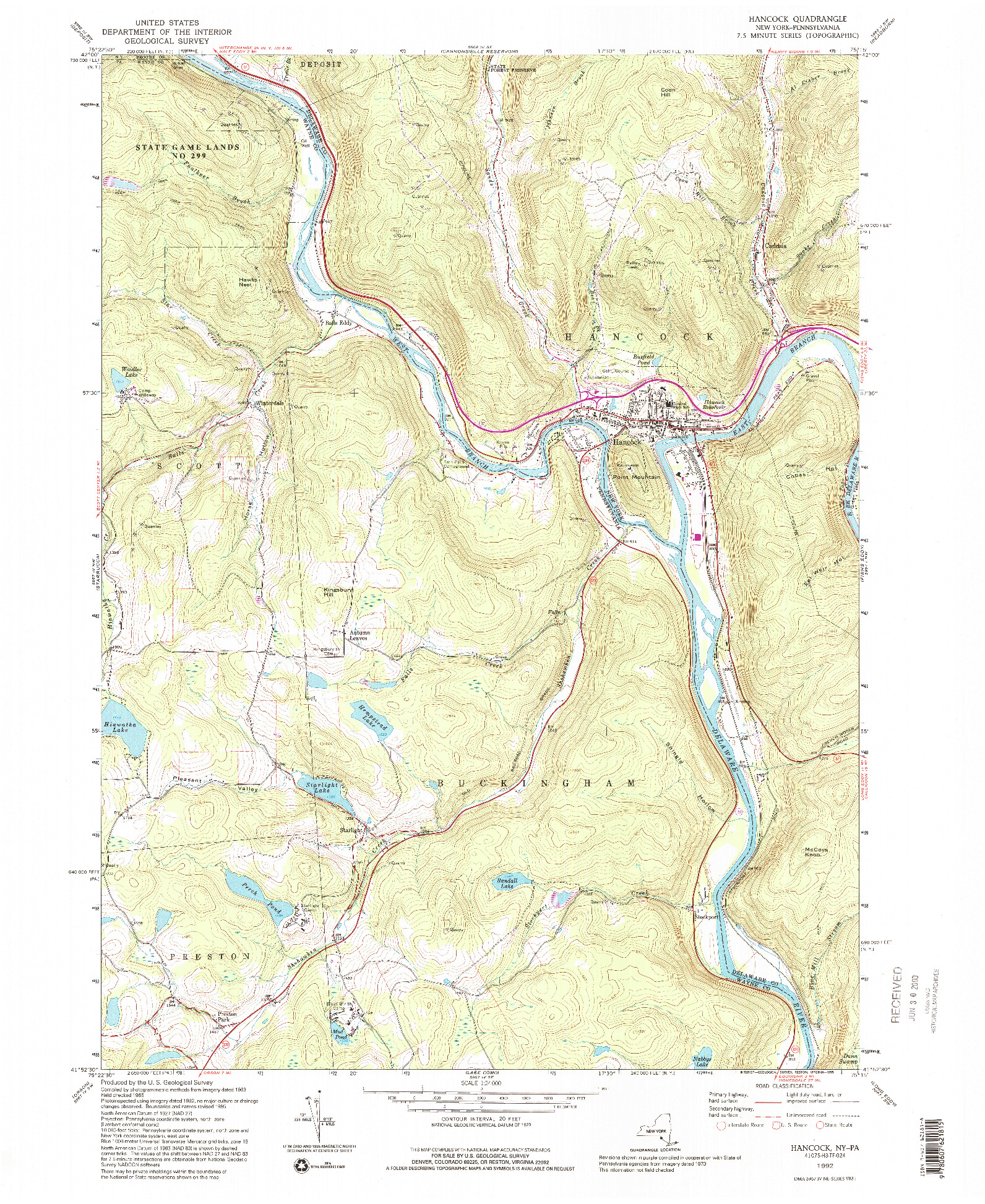 USGS 1:24000-SCALE QUADRANGLE FOR HANCOCK, NY 1992