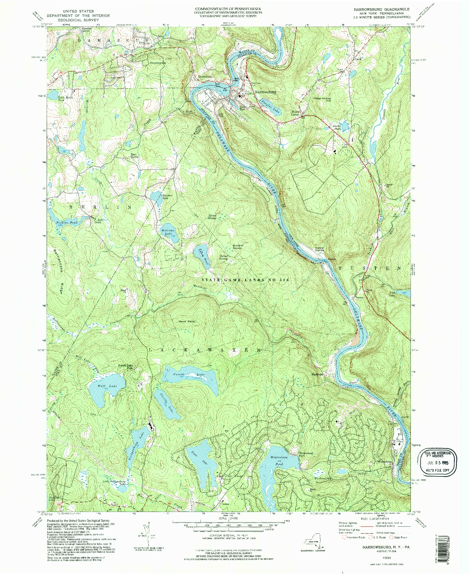 USGS 1:24000-SCALE QUADRANGLE FOR NARROWSBURG, NY 1994