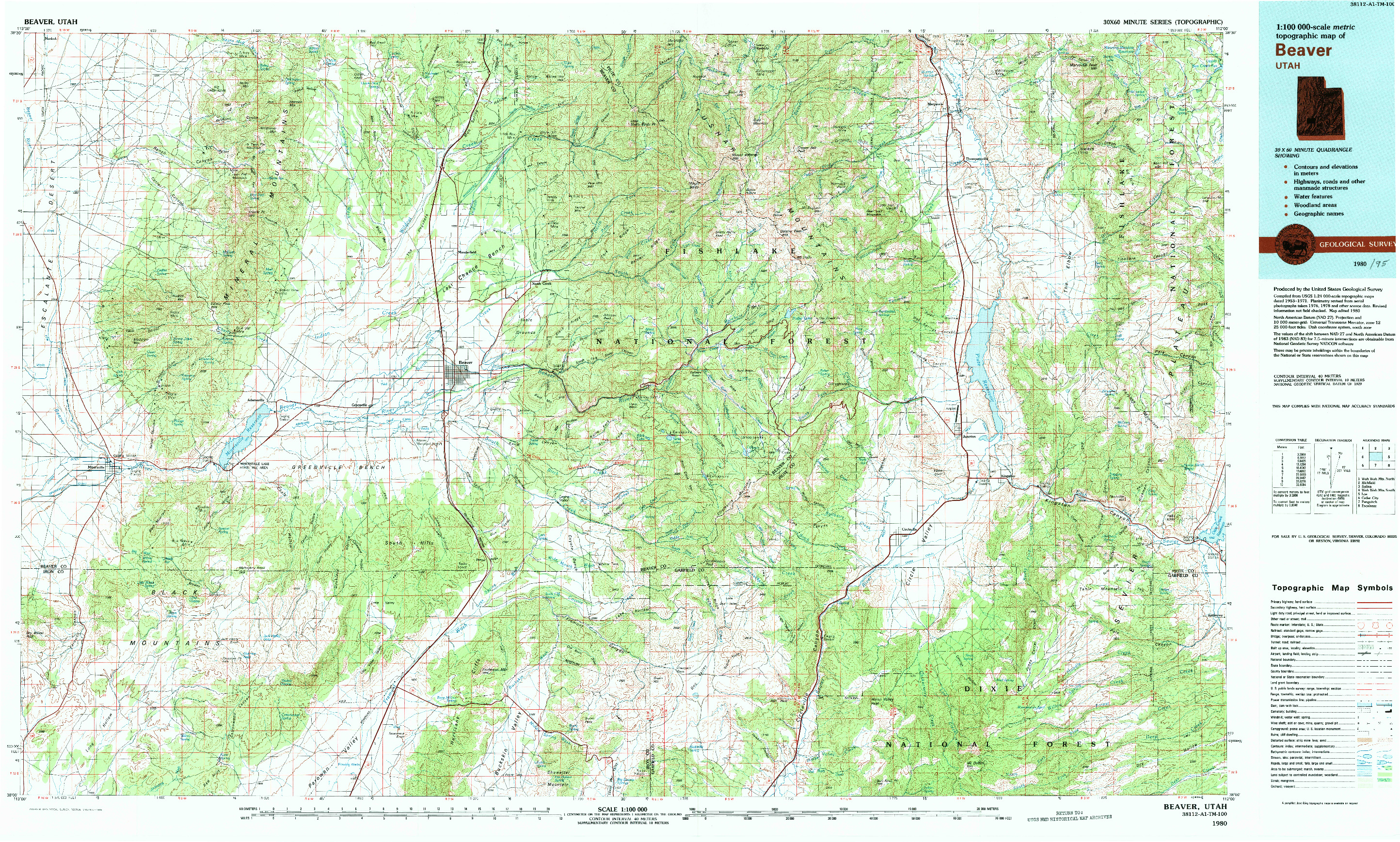 USGS 1:100000-SCALE QUADRANGLE FOR BEAVER, UT 1980