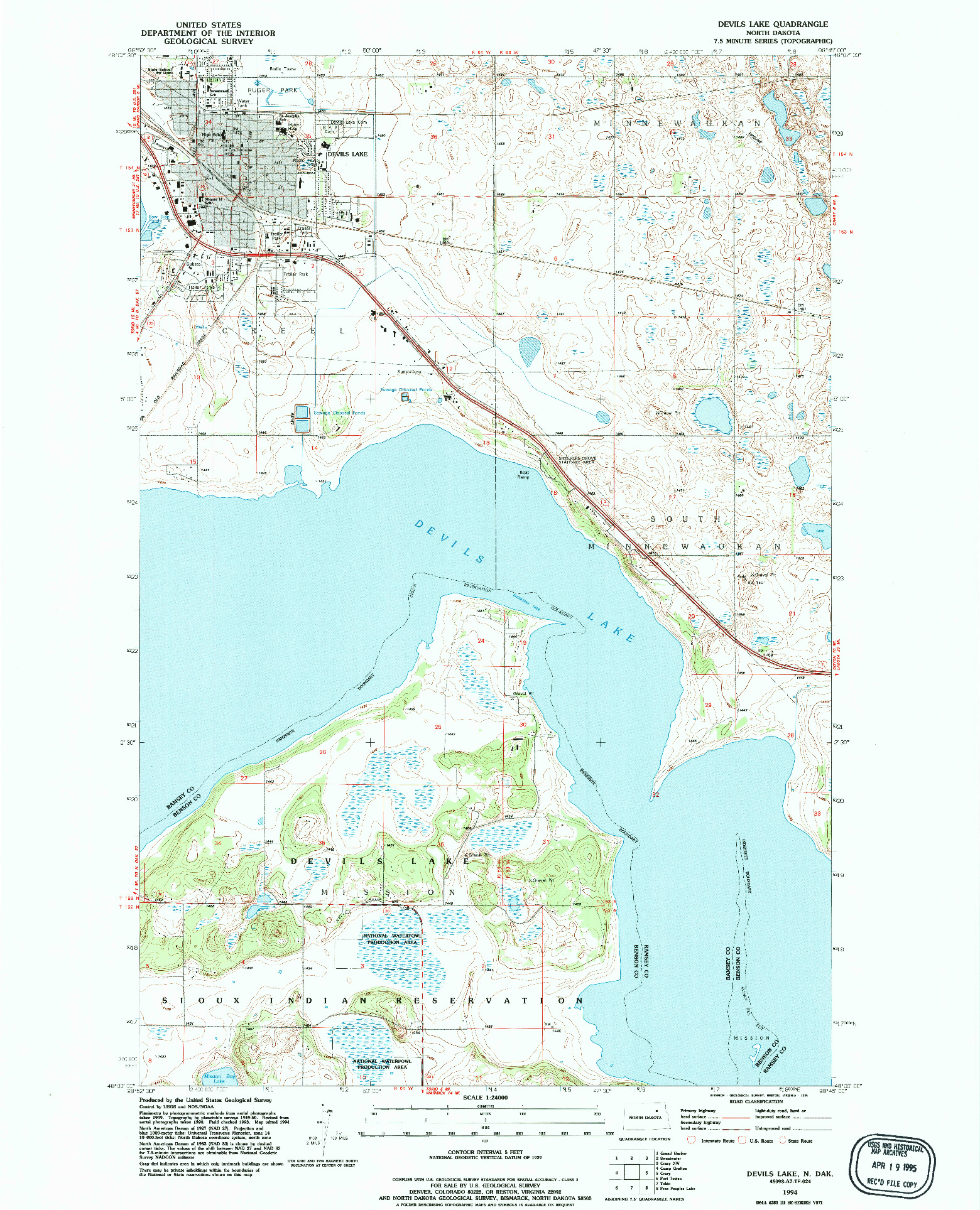 USGS 1:24000-SCALE QUADRANGLE FOR DEVILS LAKE, ND 1994