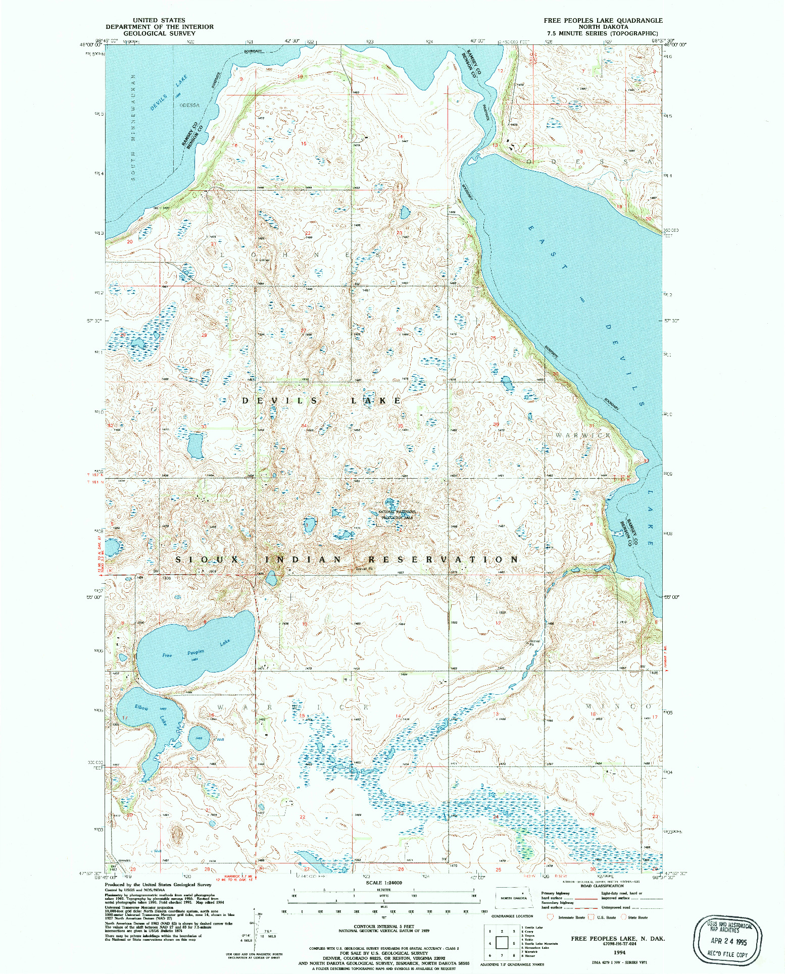 USGS 1:24000-SCALE QUADRANGLE FOR FREE PEOPLES LAKE, ND 1994