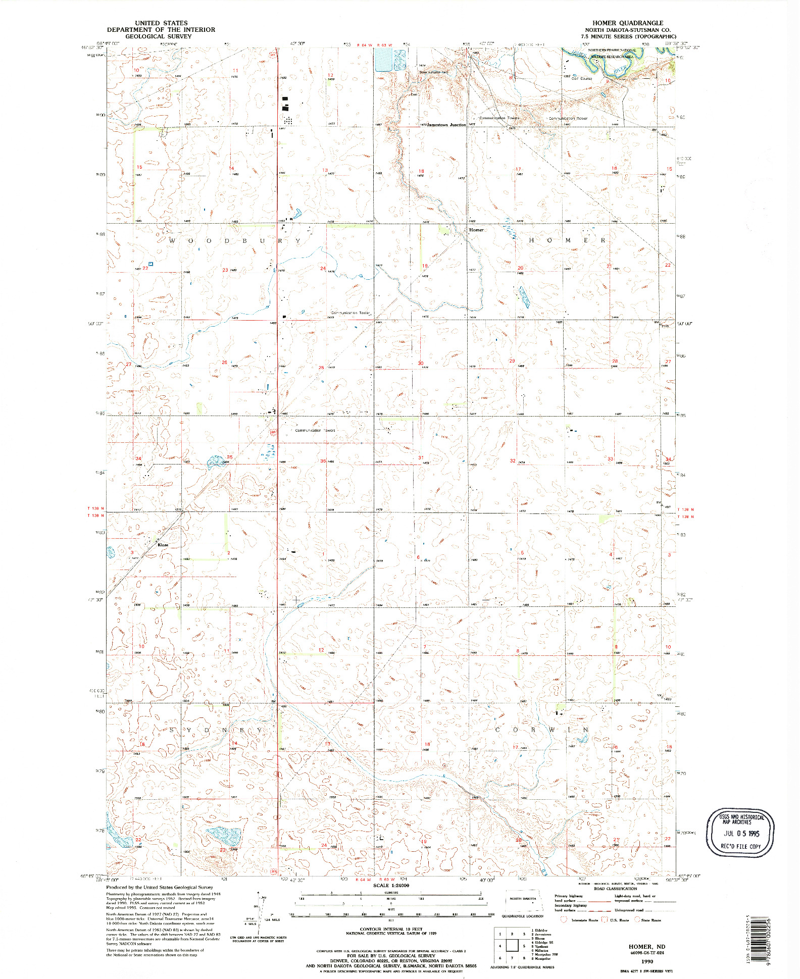 USGS 1:24000-SCALE QUADRANGLE FOR HOMER, ND 1990