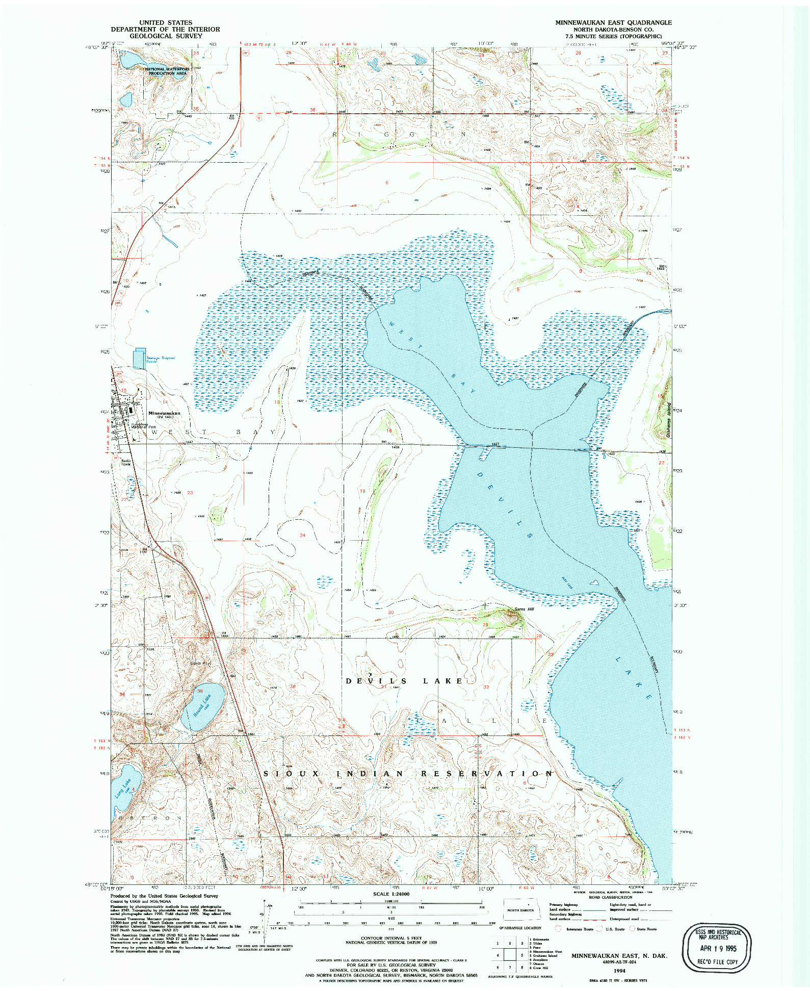 USGS 1:24000-SCALE QUADRANGLE FOR MINNEWAUKAN EAST, ND 1994