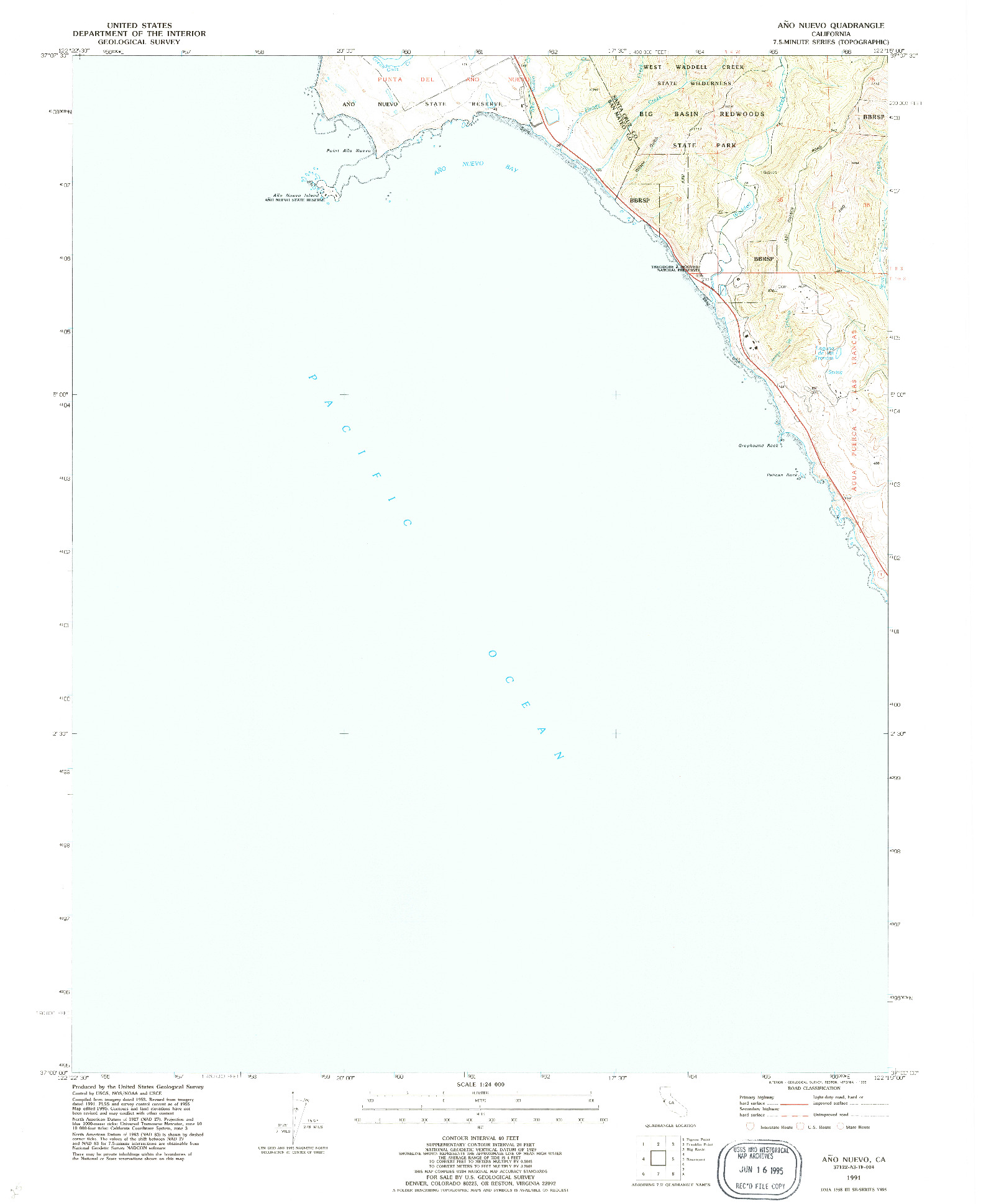 USGS 1:24000-SCALE QUADRANGLE FOR ANO NUEVO, CA 1991
