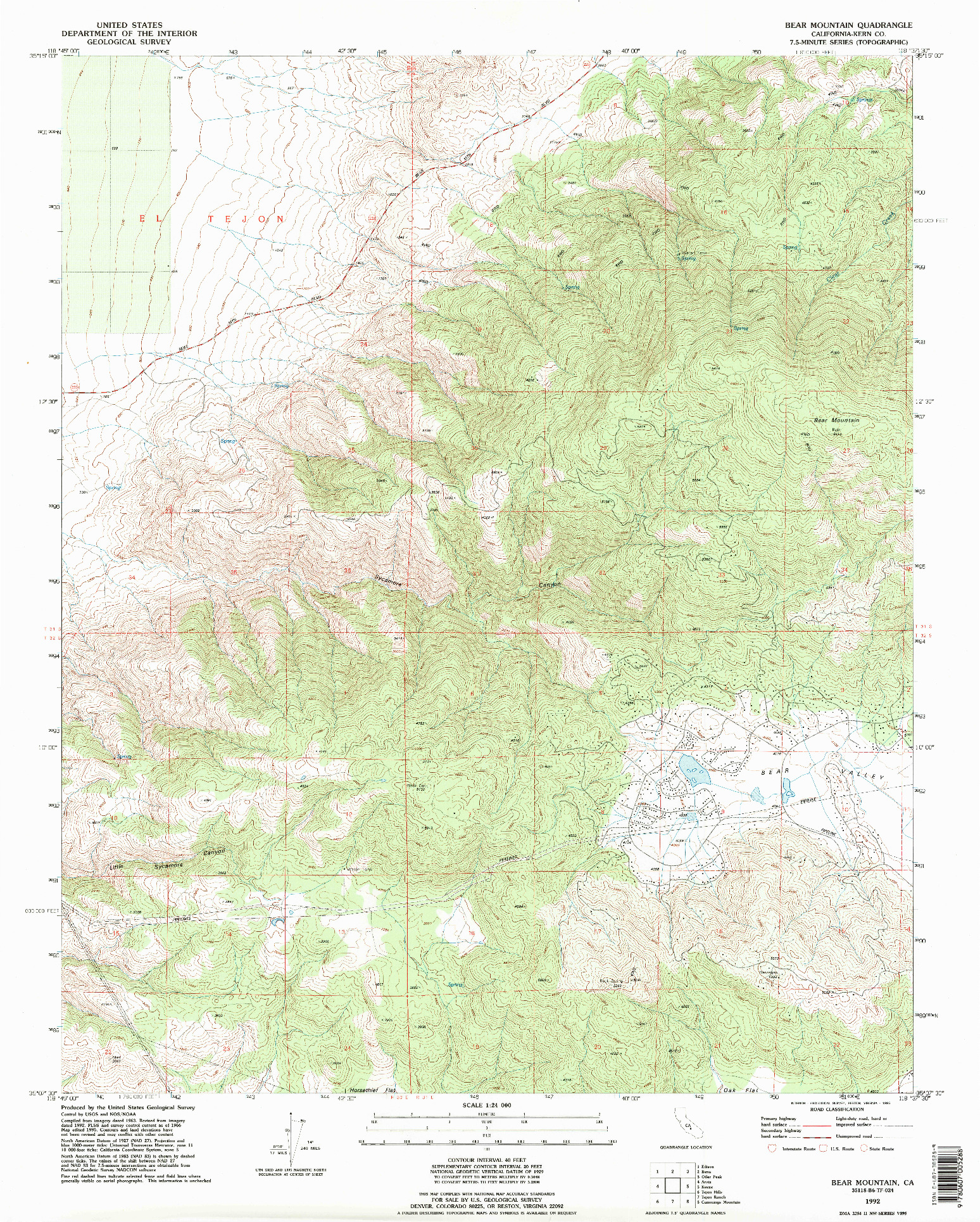 USGS 1:24000-SCALE QUADRANGLE FOR BEAR MOUNTAIN, CA 1992