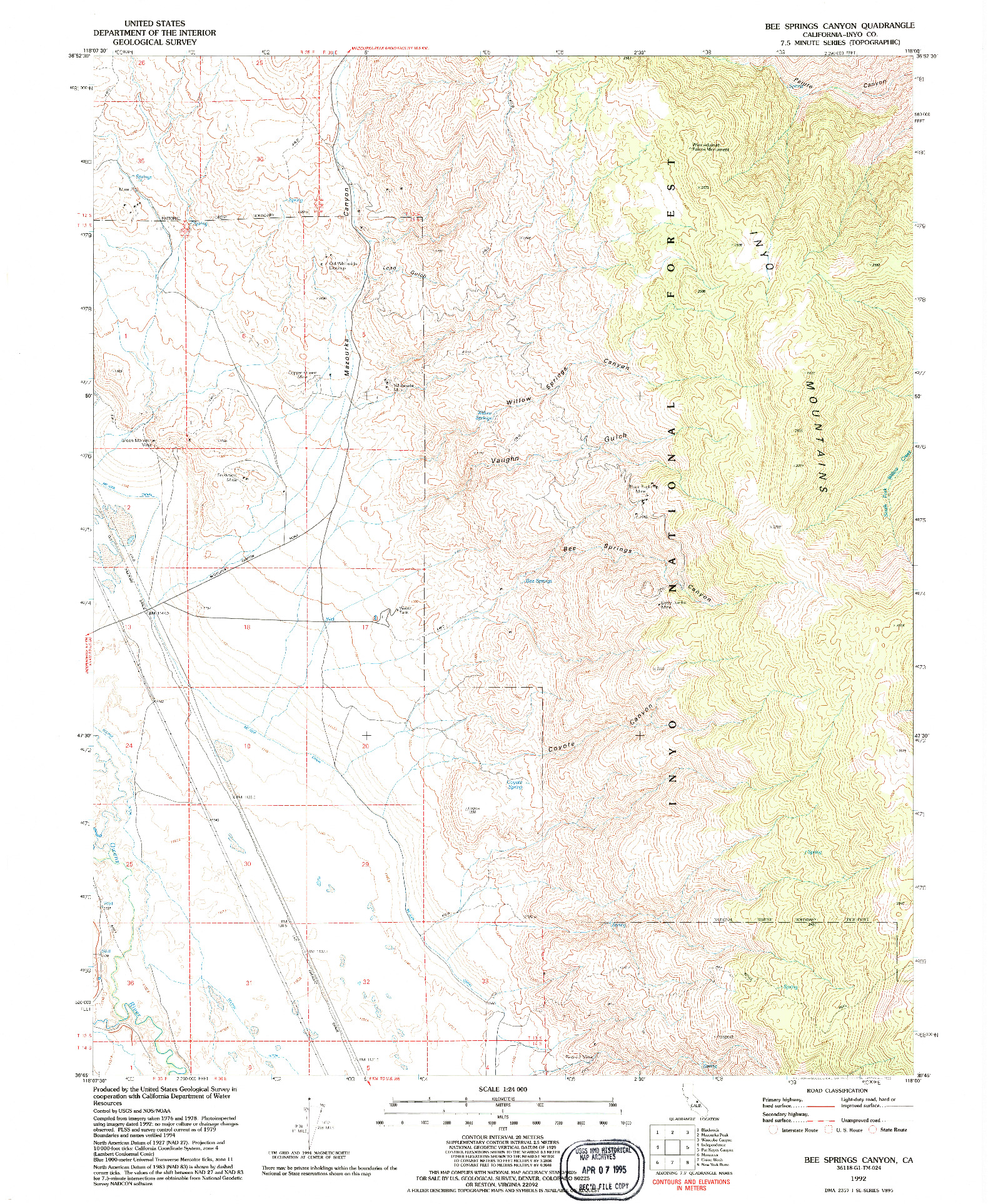 USGS 1:24000-SCALE QUADRANGLE FOR BEE SPRINGS CANYON, CA 1992