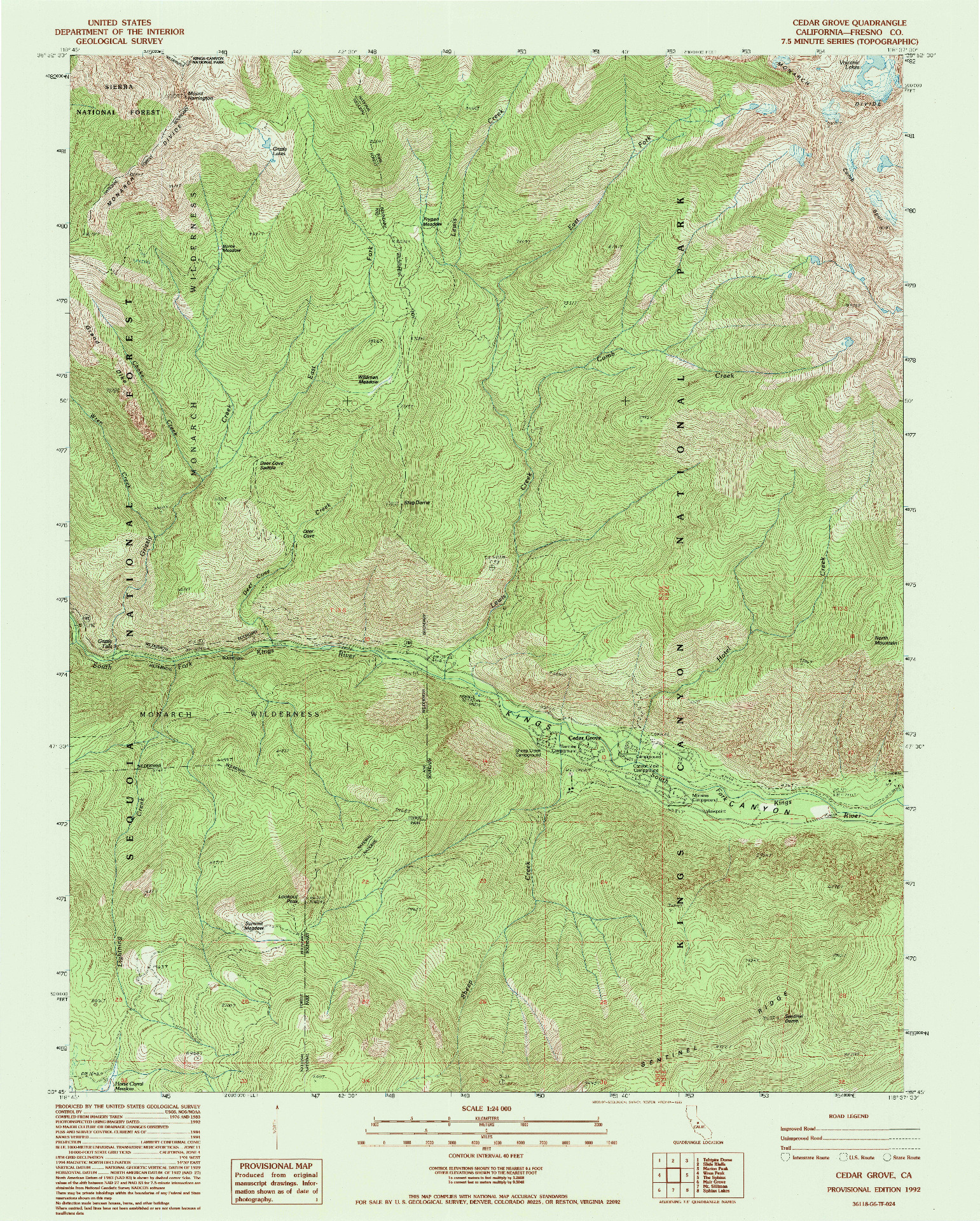 USGS 1:24000-SCALE QUADRANGLE FOR CEDAR GROVE, CA 1992
