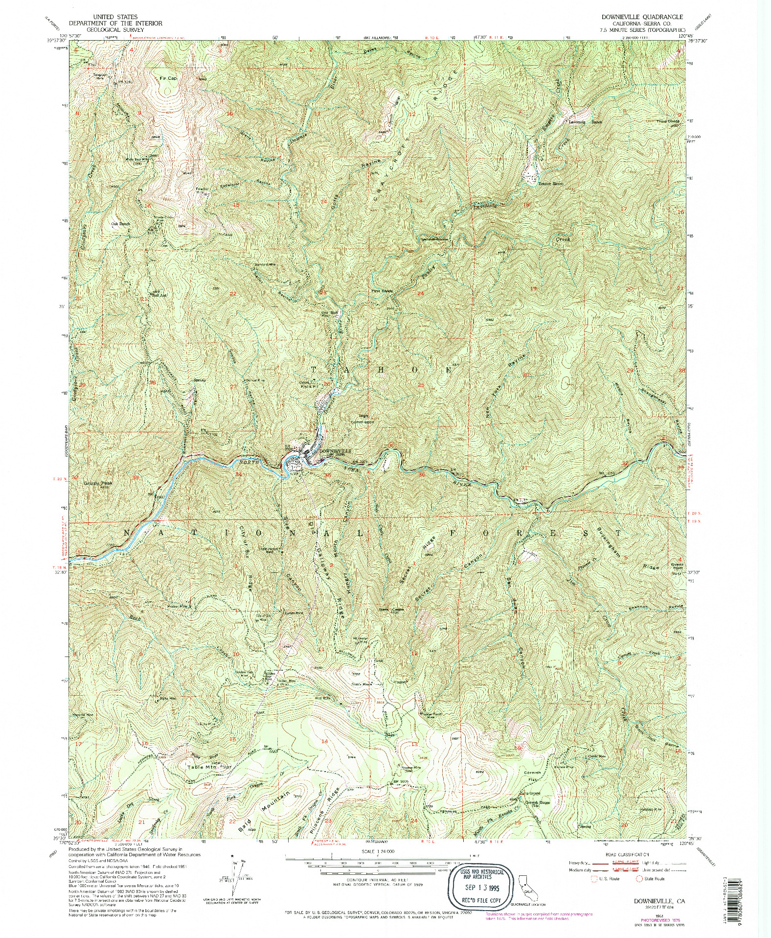 USGS 1:24000-SCALE QUADRANGLE FOR DOWNIEVILLE, CA 1951