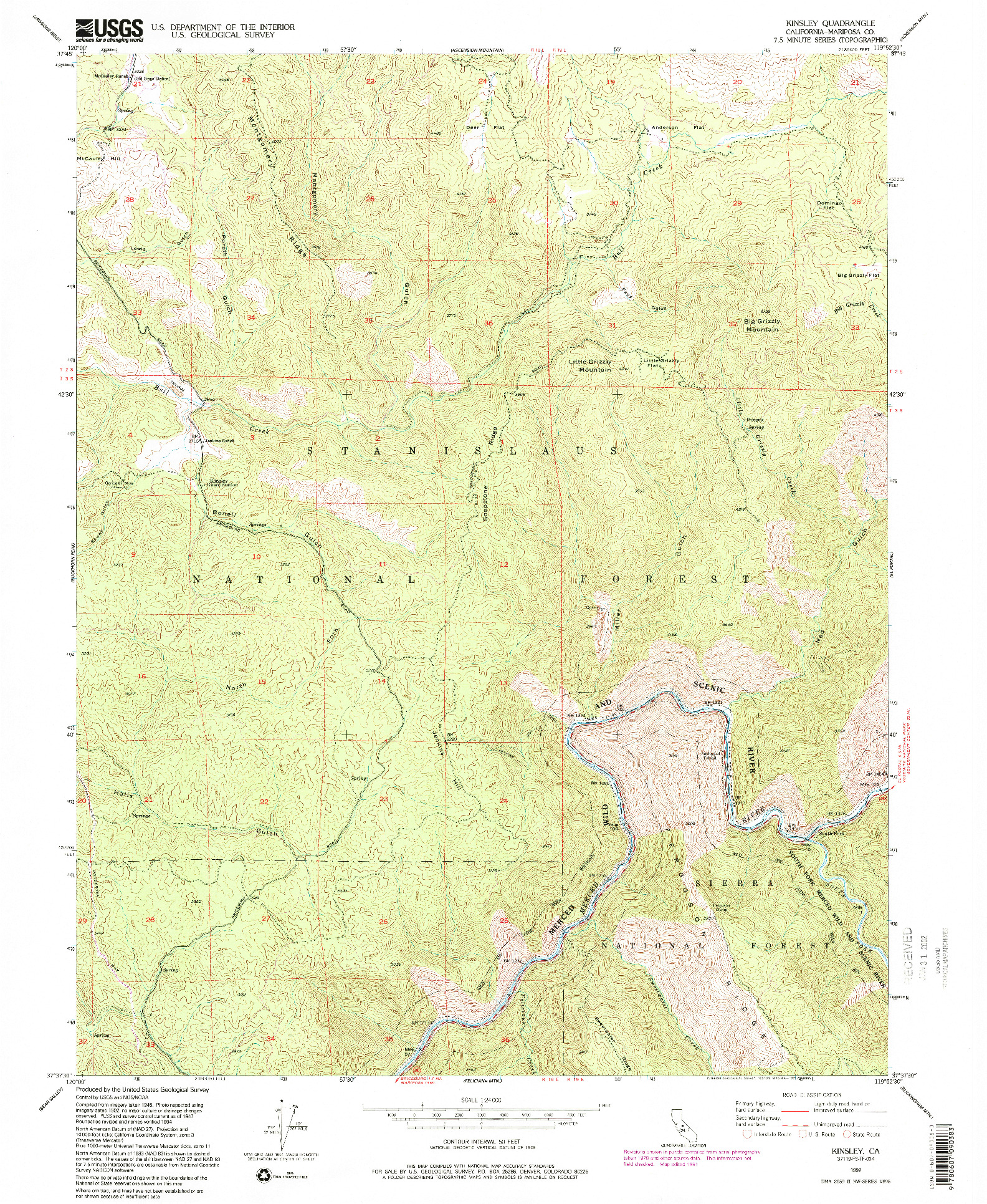 USGS 1:24000-SCALE QUADRANGLE FOR KINSLEY, CA 1992