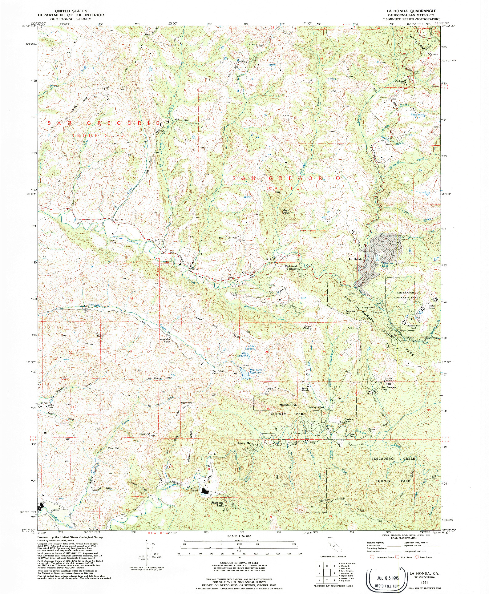 USGS 1:24000-SCALE QUADRANGLE FOR LA HONDA, CA 1991