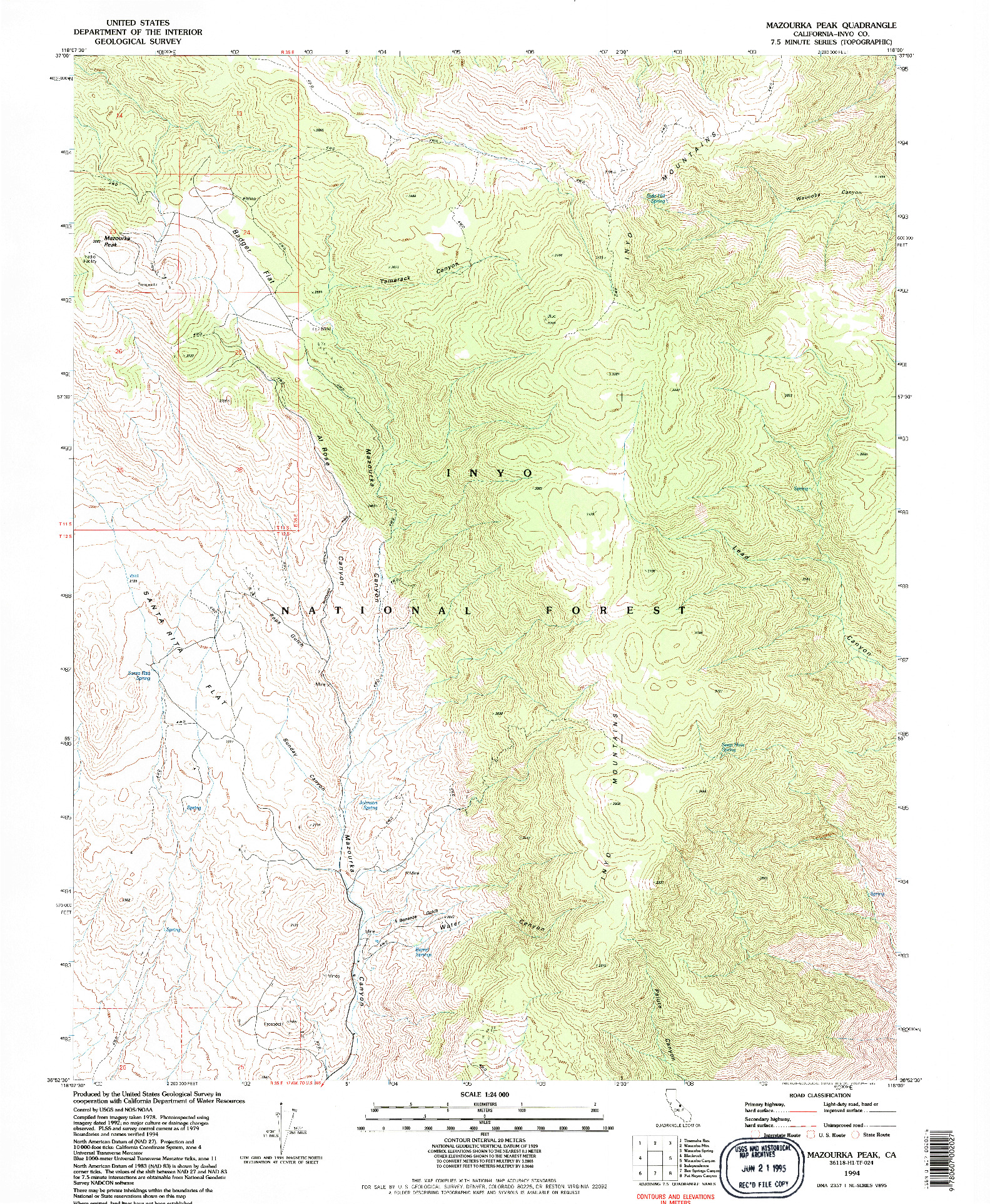 USGS 1:24000-SCALE QUADRANGLE FOR MAZOURKA PEAK, CA 1994