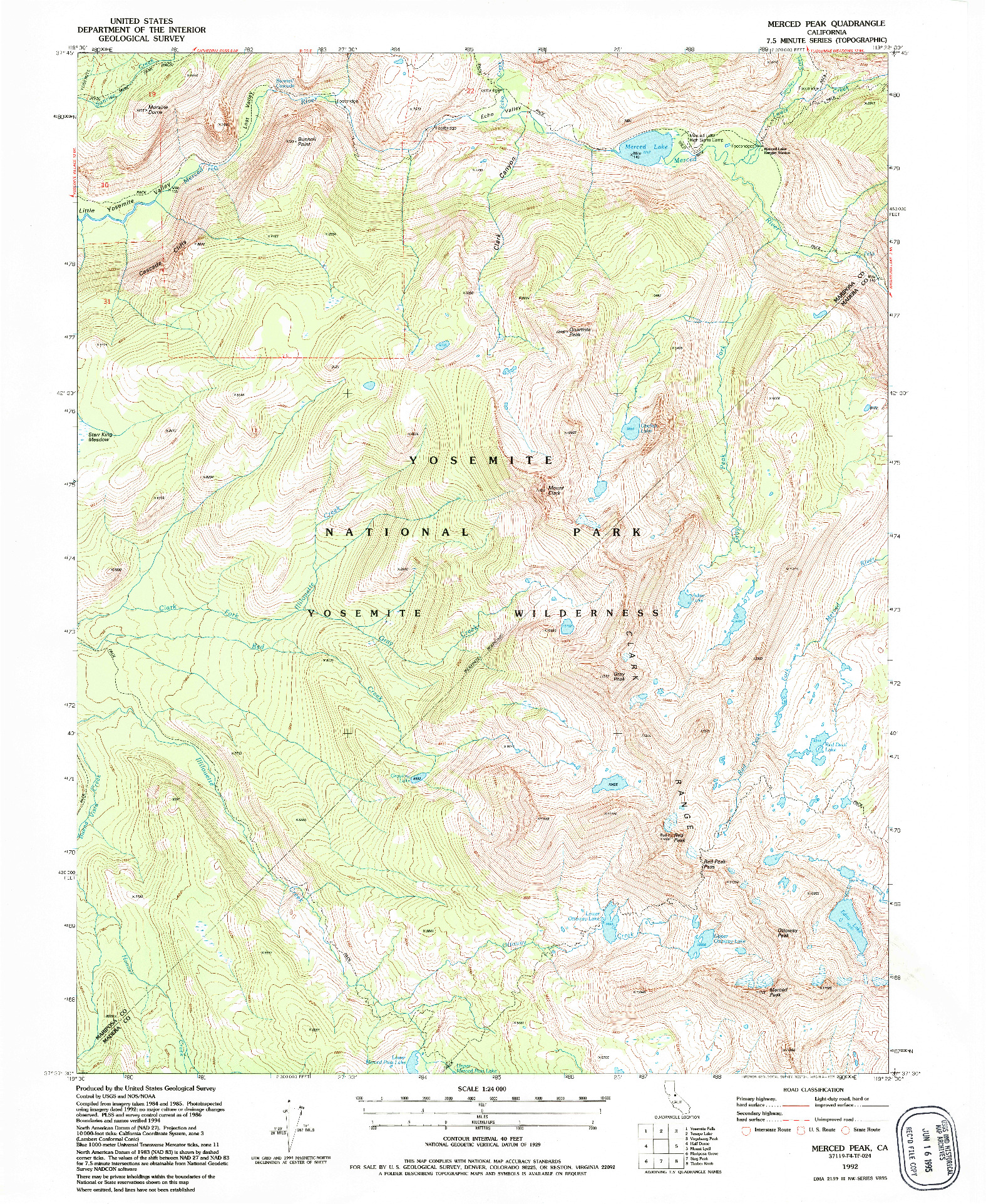 USGS 1:24000-SCALE QUADRANGLE FOR MERCED PEAK, CA 1992