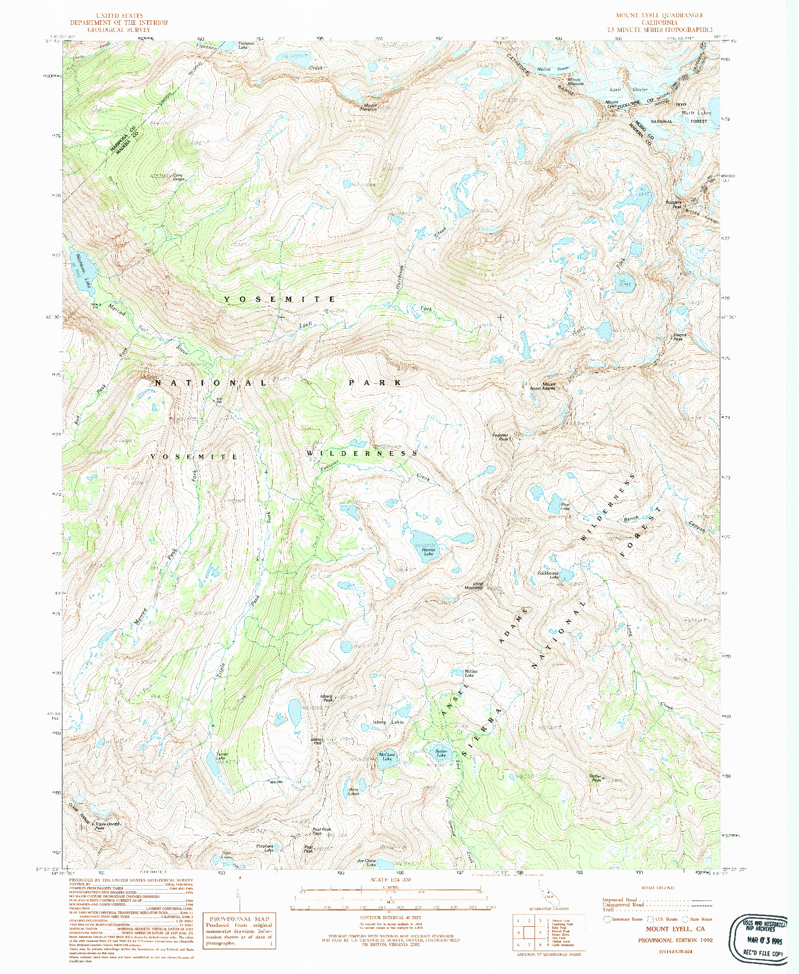 USGS 1:24000-SCALE QUADRANGLE FOR MOUNT LYELL, CA 1992