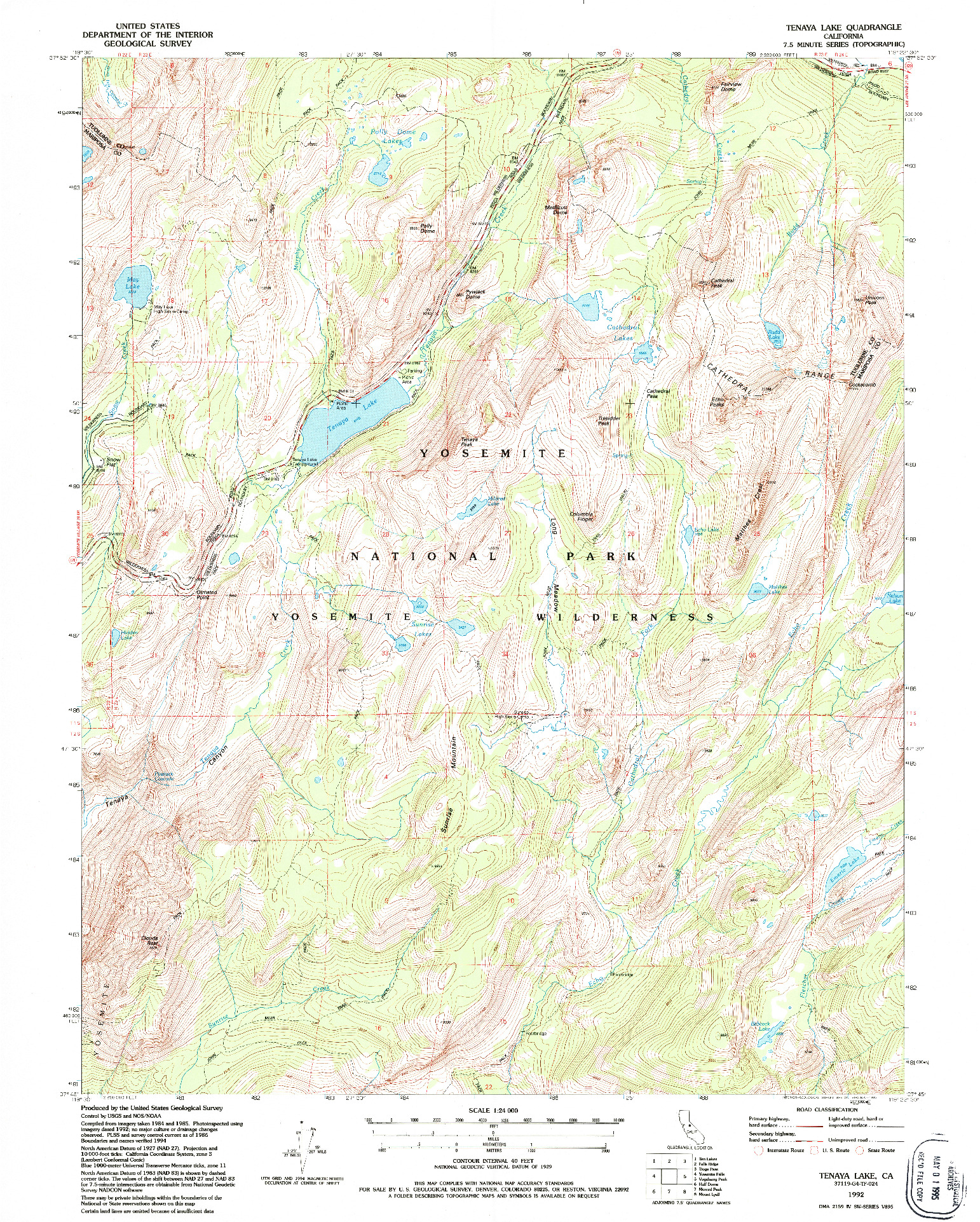 USGS 1:24000-SCALE QUADRANGLE FOR TENAYA LAKE, CA 1992