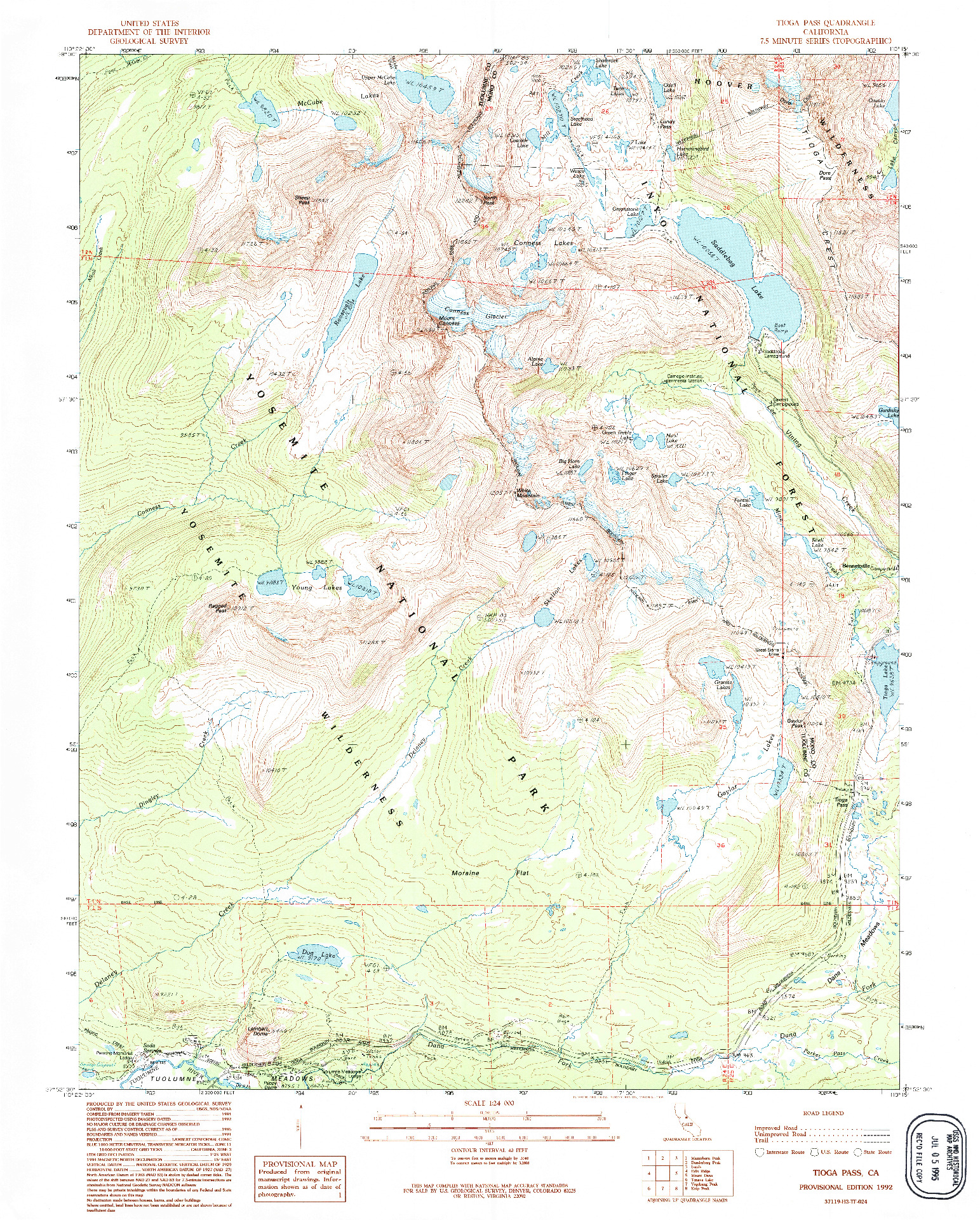 USGS 1:24000-SCALE QUADRANGLE FOR TIOGA PASS, CA 1992
