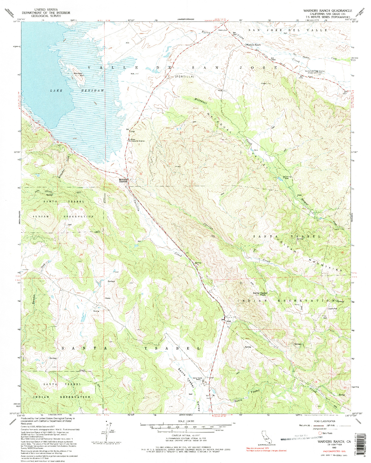 USGS 1:24000-SCALE QUADRANGLE FOR WARNERS RANCH, CA 1960