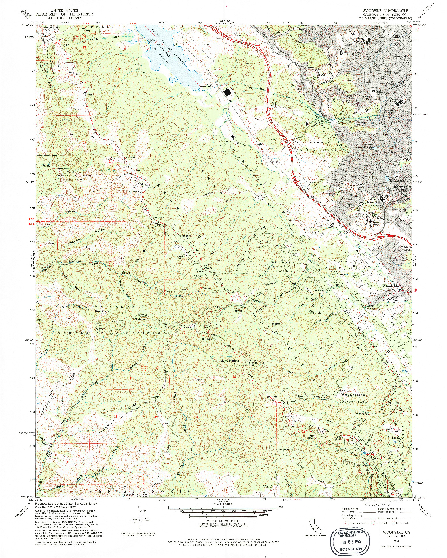 USGS 1:24000-SCALE QUADRANGLE FOR WOODSIDE, CA 1991