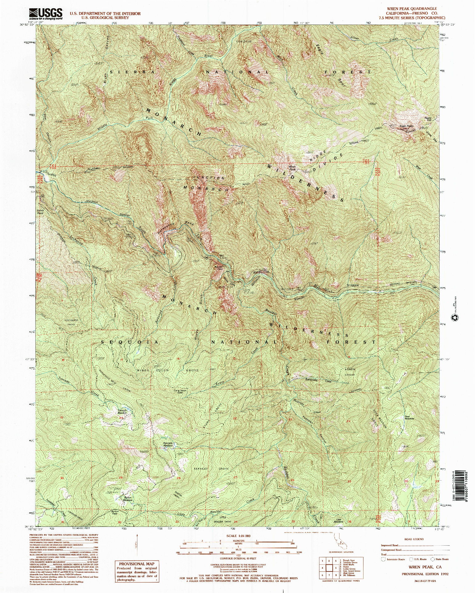 USGS 1:24000-SCALE QUADRANGLE FOR WREN PEAK, CA 1992