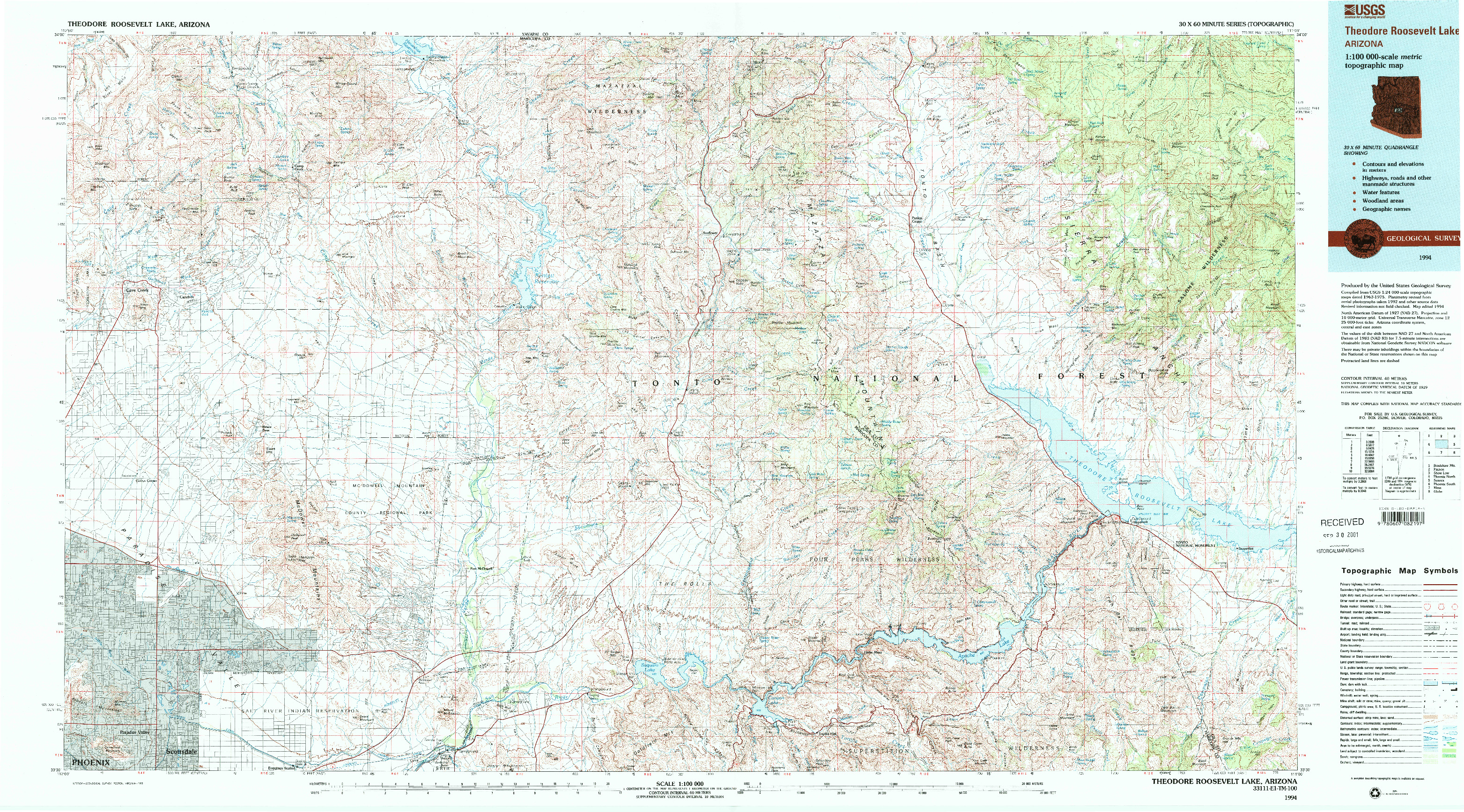 USGS 1:100000-SCALE QUADRANGLE FOR THEODORE ROOSEVELT LAKE, AZ 1994