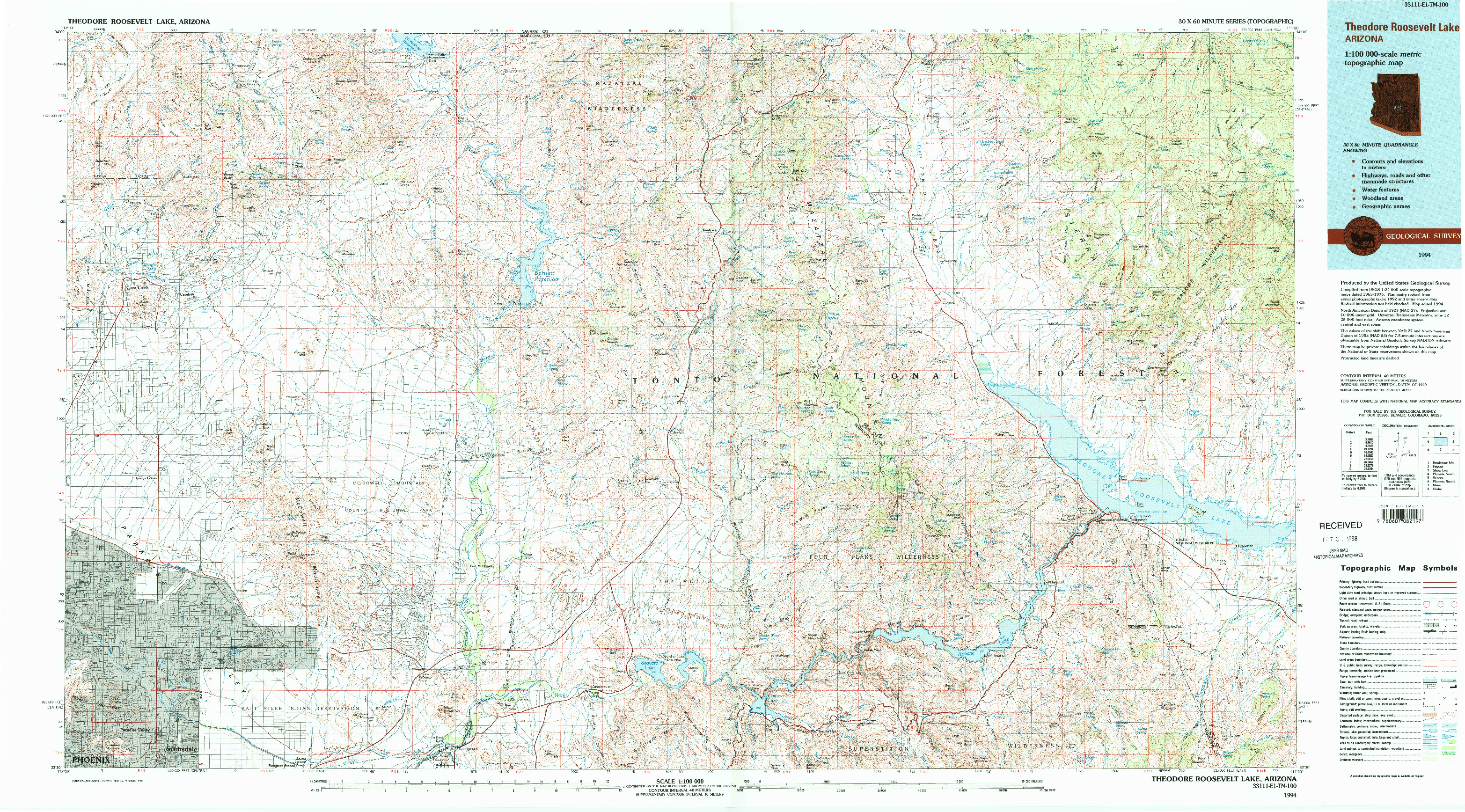 USGS 1:100000-SCALE QUADRANGLE FOR THEODORE ROOSEVELT LAKE, AZ 1994