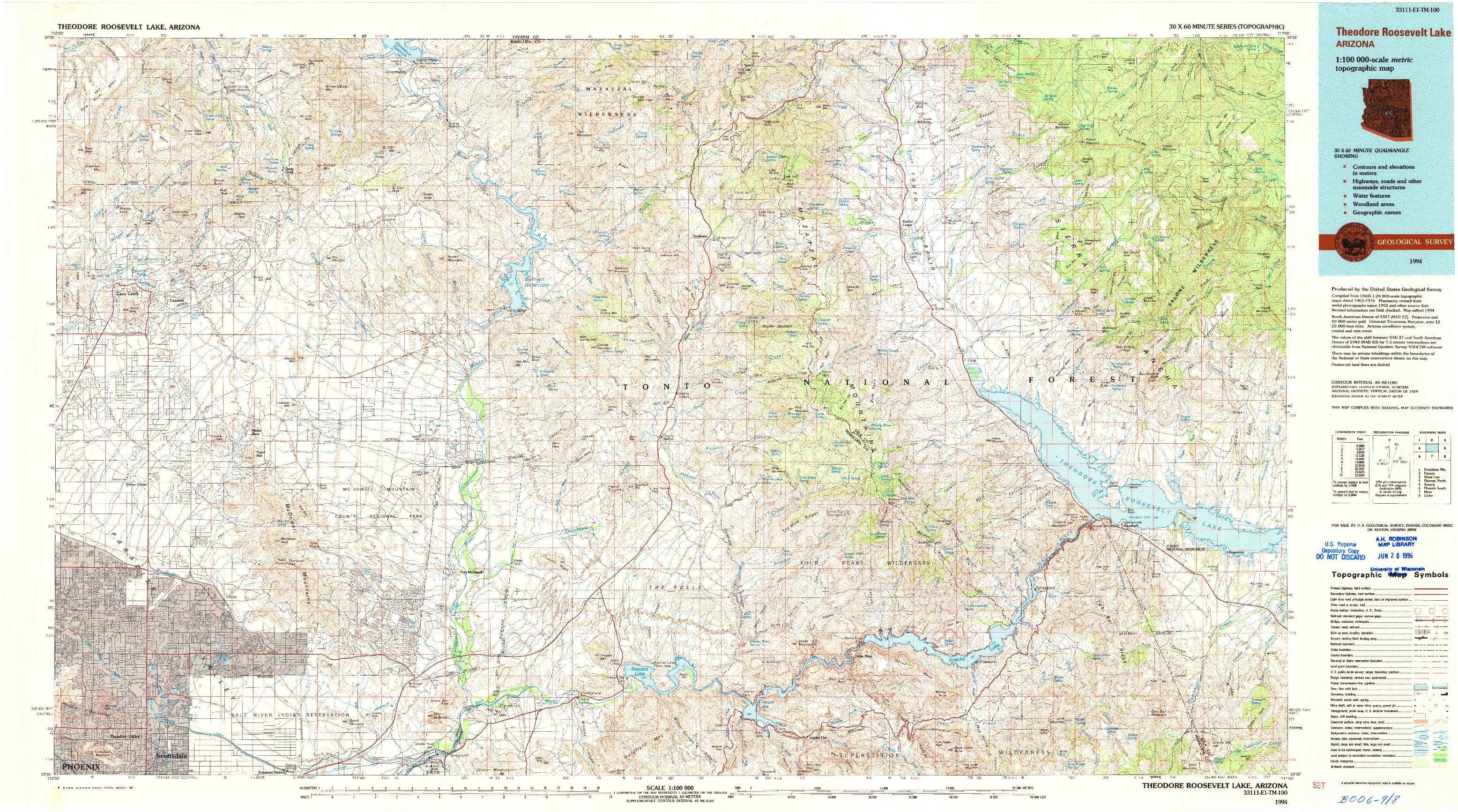 USGS 1:100000-SCALE QUADRANGLE FOR THEODORE ROOSEVELT LAKE, AZ 1994