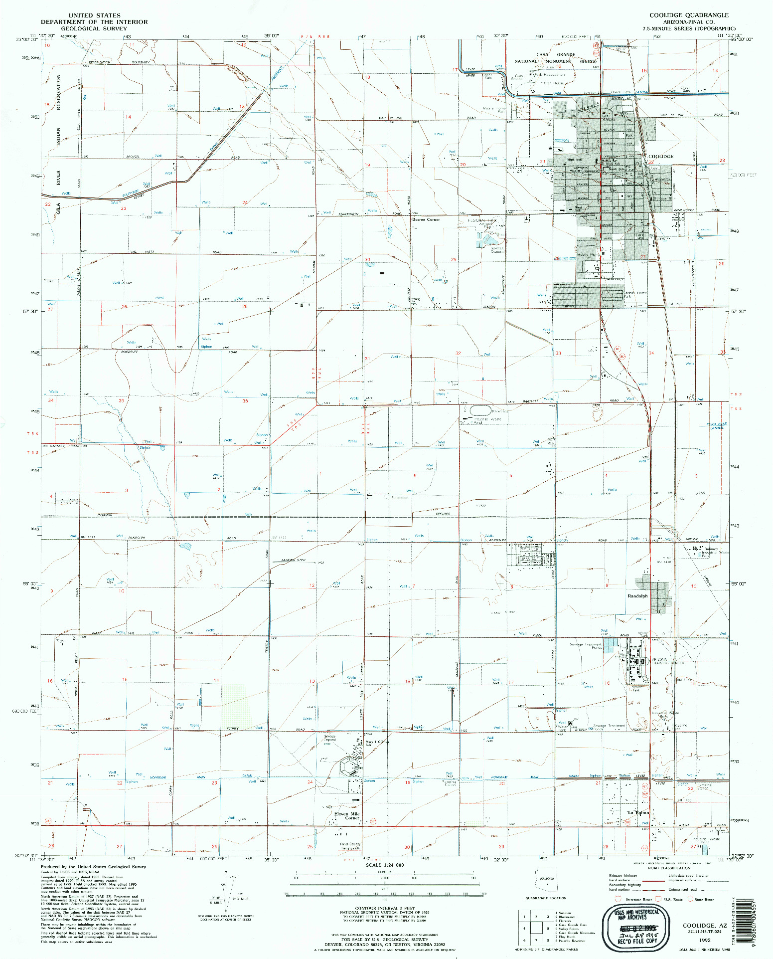 USGS 1:24000-SCALE QUADRANGLE FOR COOLIDGE, AZ 1992