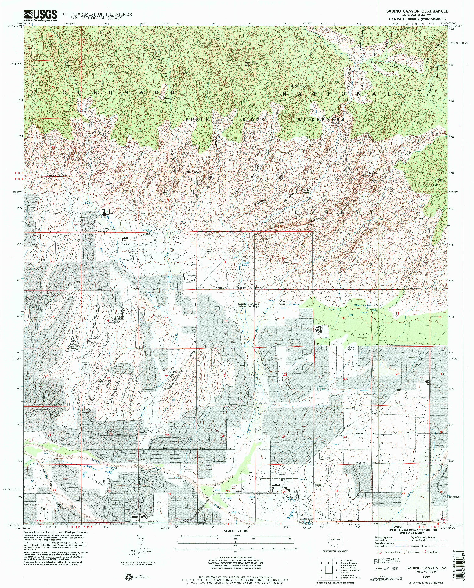 USGS 1:24000-SCALE QUADRANGLE FOR SABINO CANYON, AZ 1992