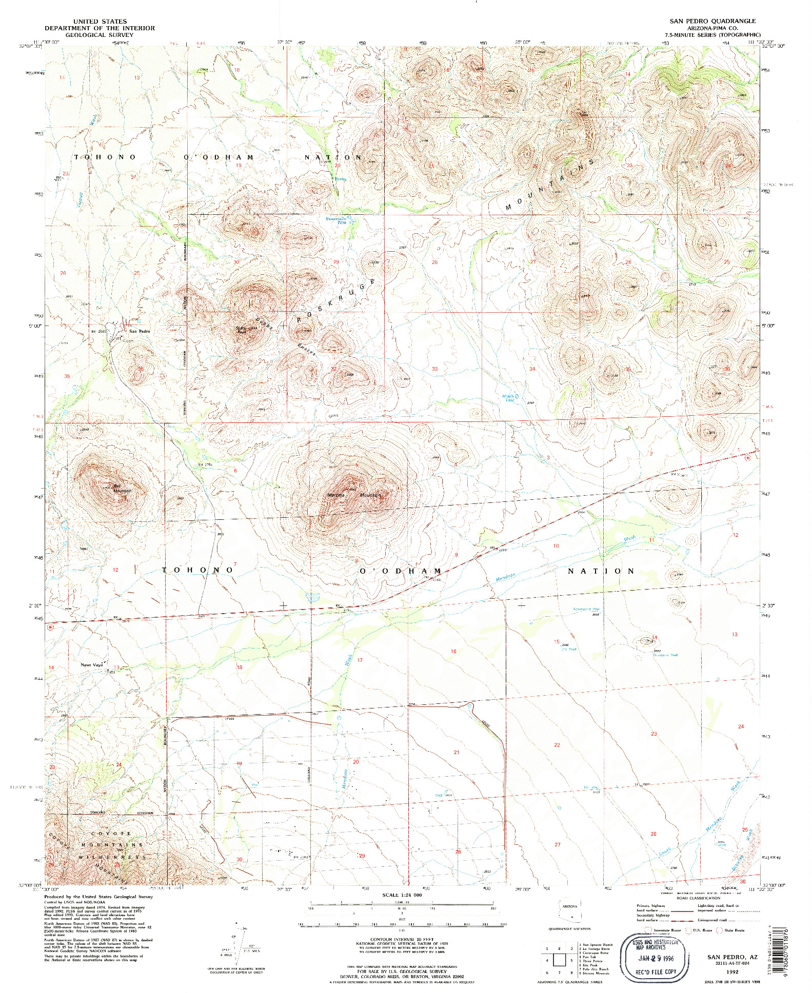 USGS 1:24000-SCALE QUADRANGLE FOR SAN PEDRO, AZ 1992