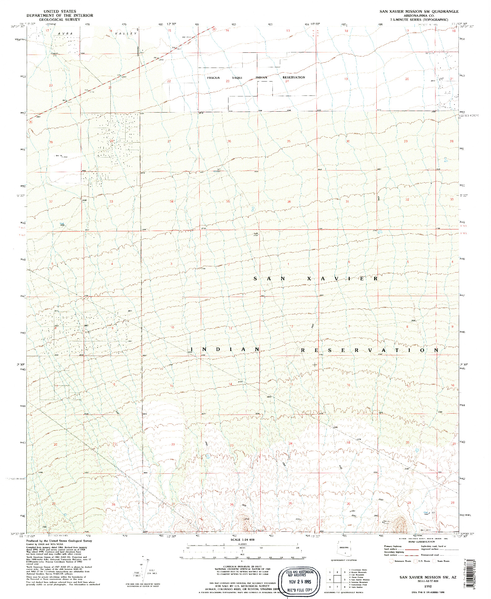 USGS 1:24000-SCALE QUADRANGLE FOR SAN XAVIER MISSION SW, AZ 1992