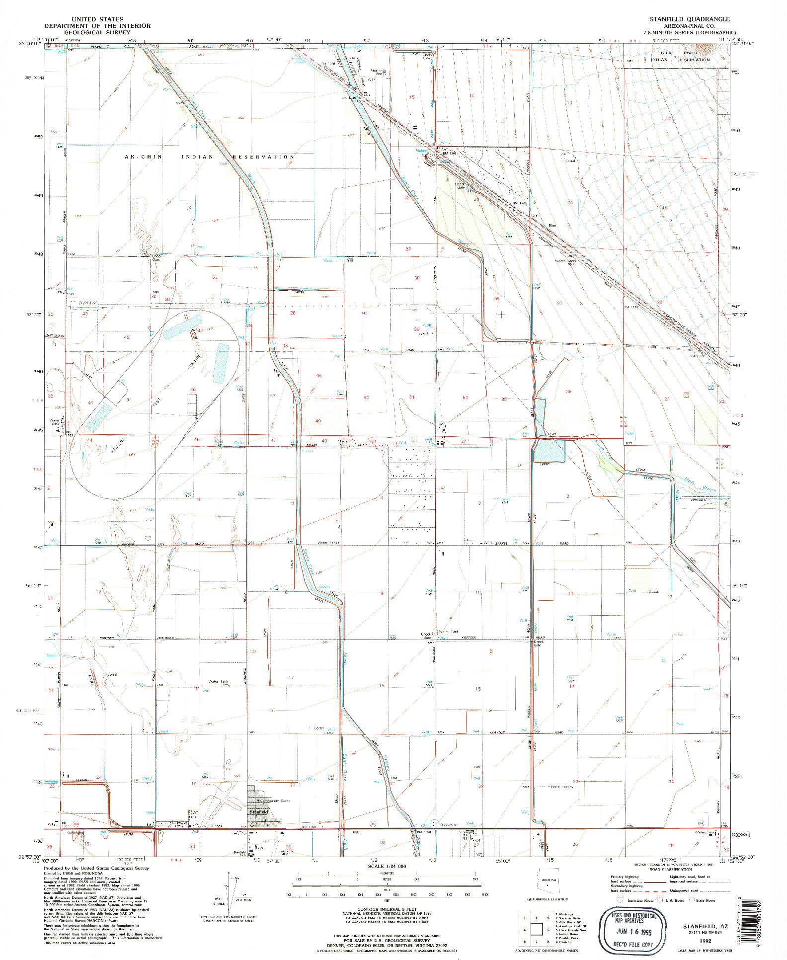 USGS 1:24000-SCALE QUADRANGLE FOR STANFIELD, AZ 1992