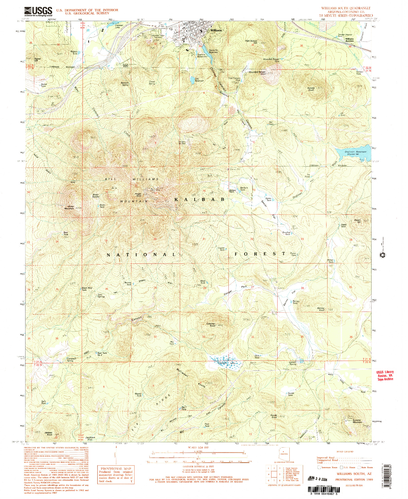 USGS 1:24000-SCALE QUADRANGLE FOR WILLIAMS SOUTH, AZ 1989