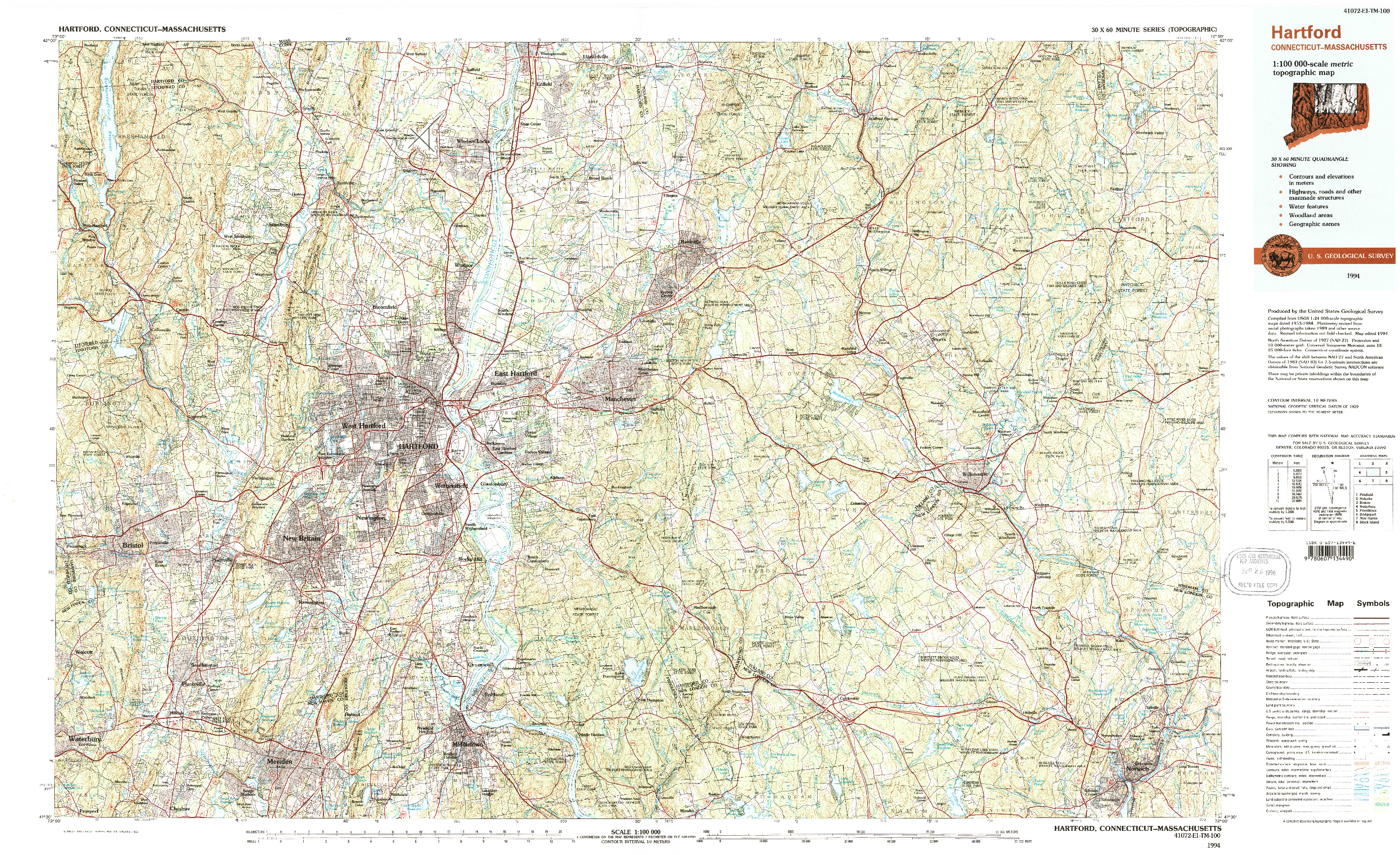 USGS 1:100000-SCALE QUADRANGLE FOR HARTFORD, CT 1994