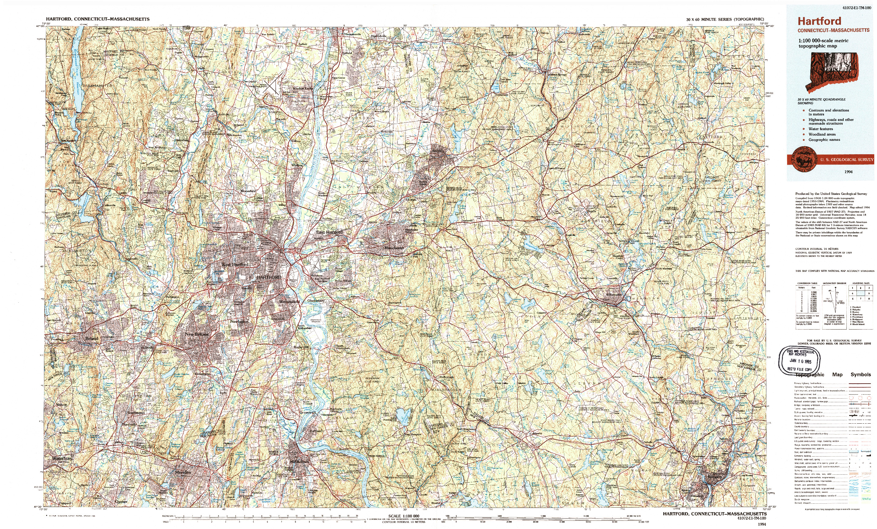 USGS 1:100000-SCALE QUADRANGLE FOR HARTFORD, CT 1994