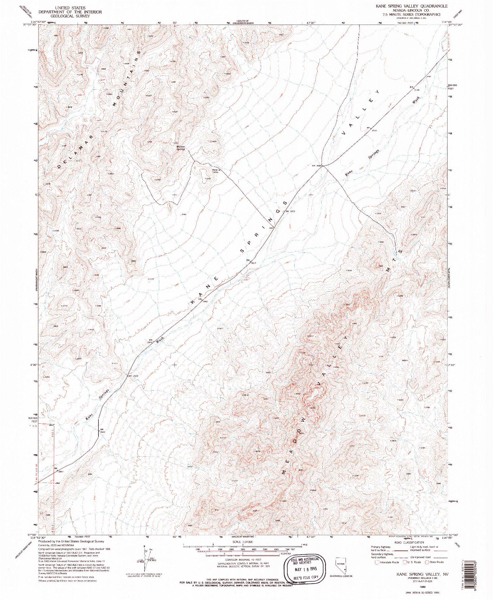 USGS 1:24000-SCALE QUADRANGLE FOR KANE SPRING VALLEY, NV 1969