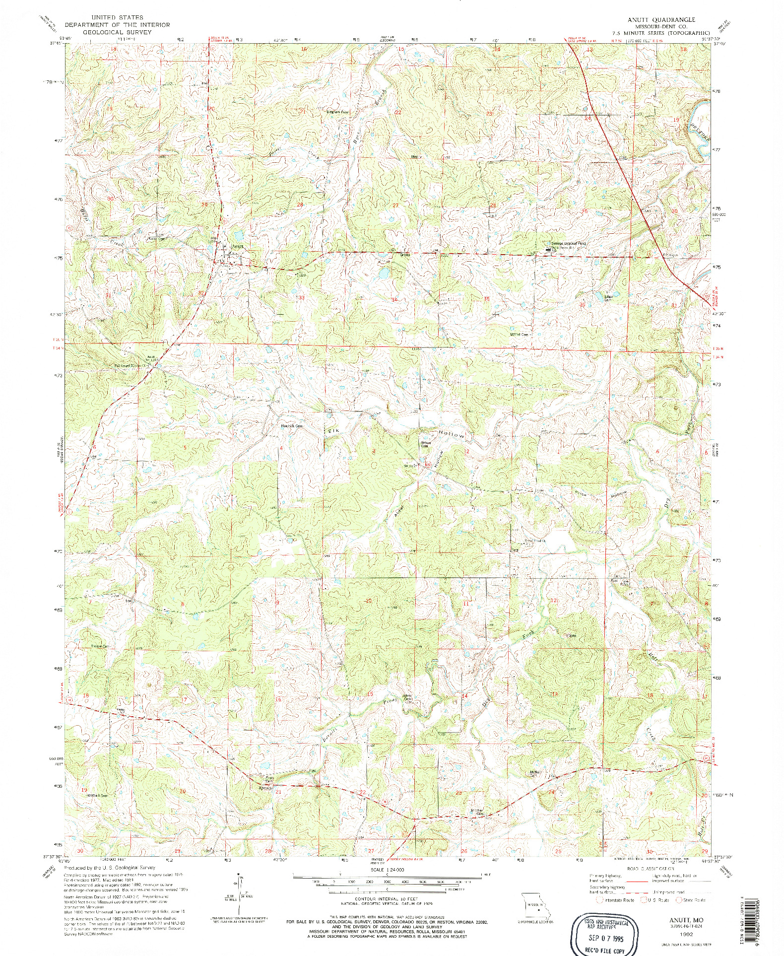 USGS 1:24000-SCALE QUADRANGLE FOR ANUTT, MO 1992