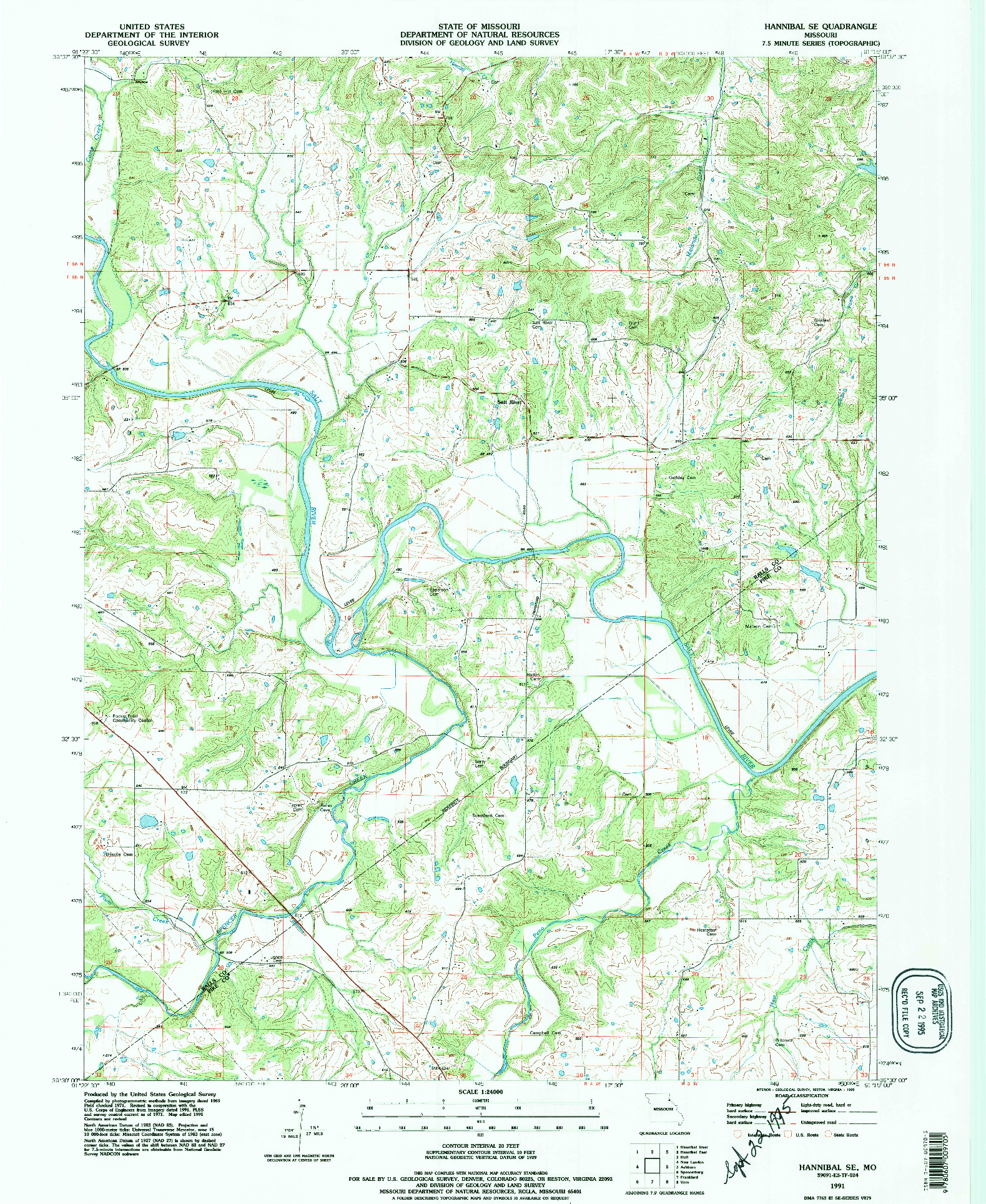 USGS 1:24000-SCALE QUADRANGLE FOR HANNIBAL SE, MO 1991